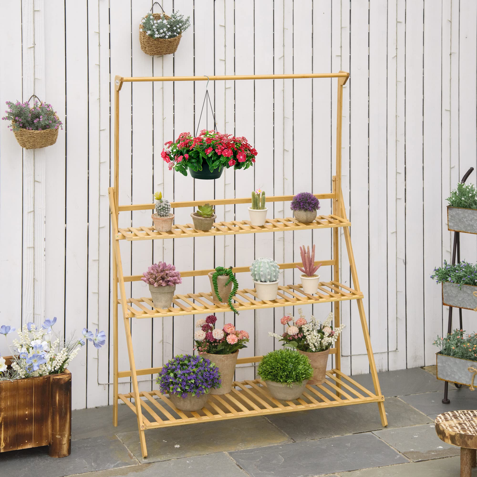 Outsunny Blumentreppe Einstellbare Hängehöhe Natur 100 x 40 x 143 cm | Aus Holz, Pflanzenständer, Leiterregal, Blumenständer, Hängende Bamboo, Innen Draußen
