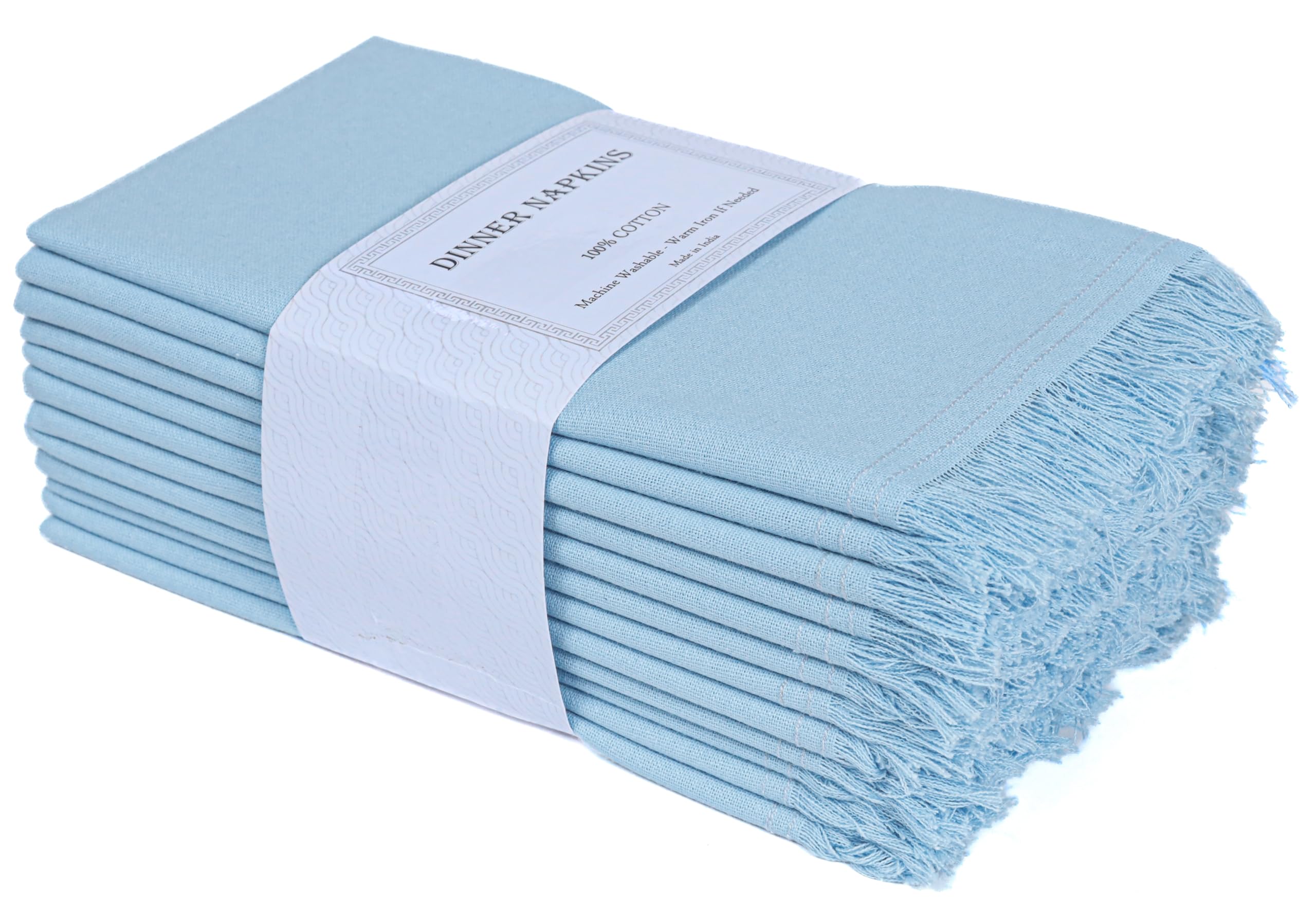 Cloth Napkins 18x18 inch Set 12 Airy Blue with Fringes Corner, Dinner,Wedding,Table,Baby Shower,Machine Washable Fabric Napkins