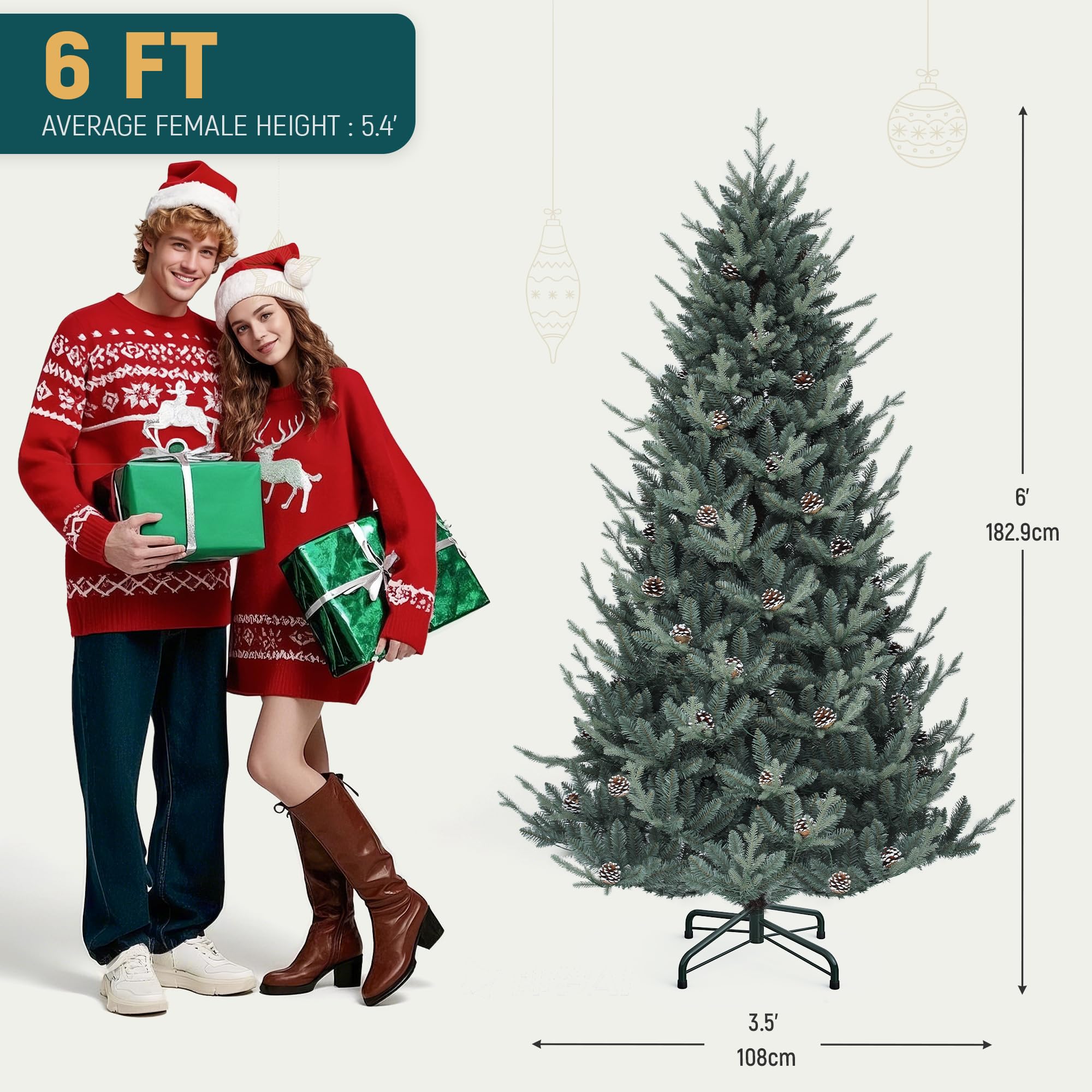 YITAHOME Sapin de Noël Artificiel pré-décoré de 1,8 m avec télécommande, Technologie de charnière, 1176 Pointes Mixtes PE/PVC, 35 Pommes de pin, 300 lumières et 11 Modes d'éclairage