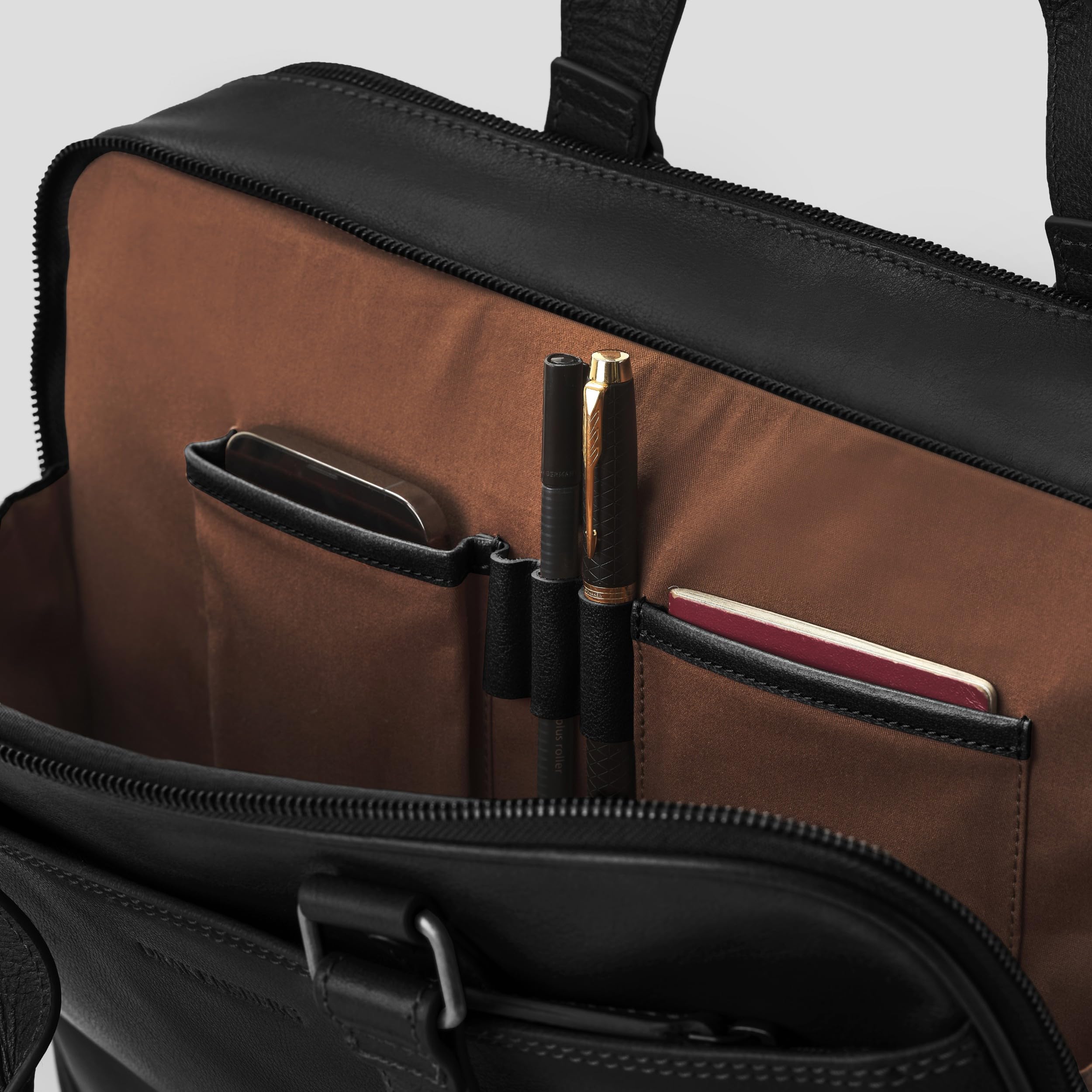 DRAKENSBERG Aurelio Porte-documents en cuir pour homme, 2 compartiments principaux, sacoche luxueuse pour ordinateur portable 16" pour le bureau, le travail, les voyages, 11 l, Noir , L