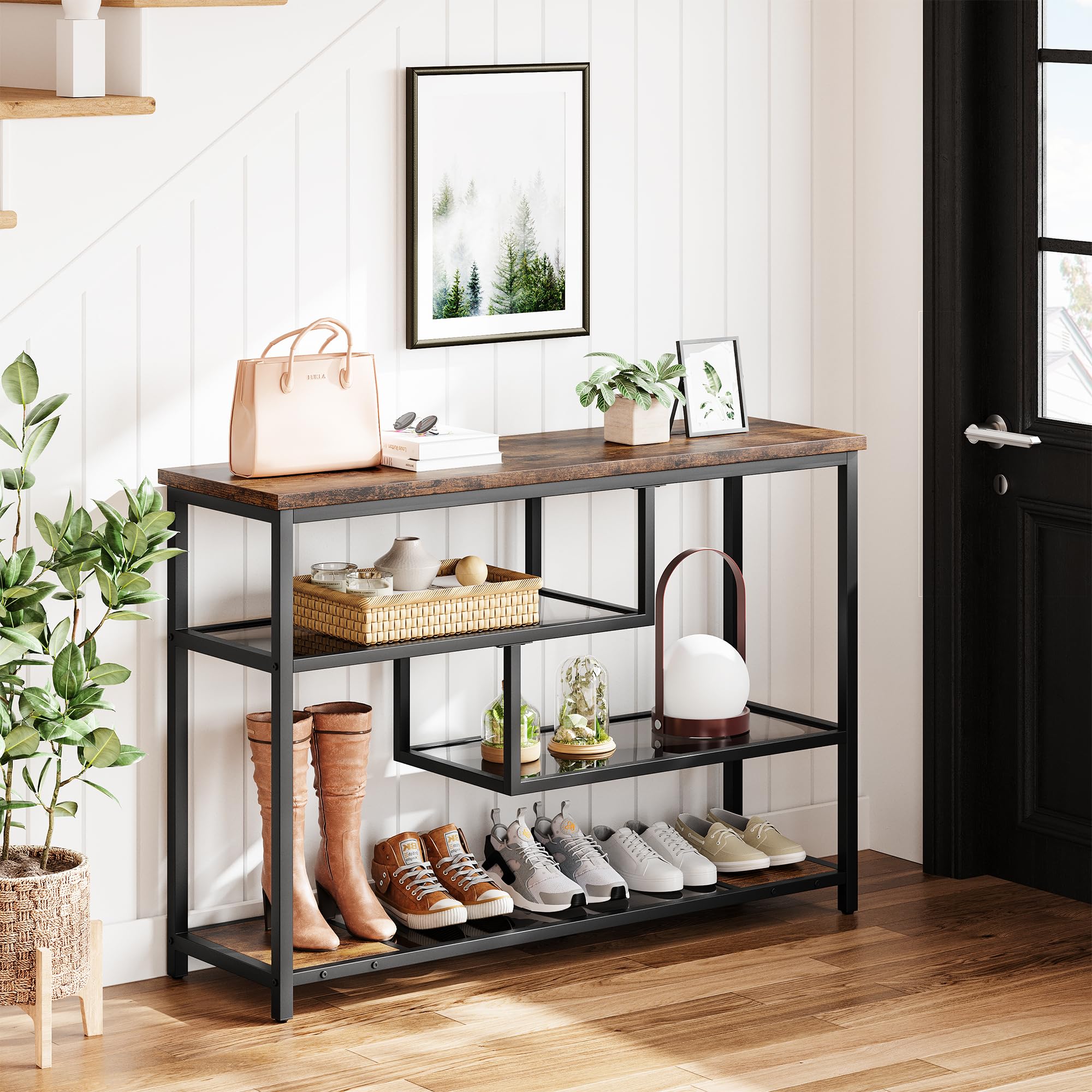 Garvee Mueble de Recibidor, Mesa Consola Estrecha de 4 Niveles, Estilo Industrial para Pasillo, Salón, Recibidor y Detrás del Sofá, Color Marrón Rústico, 100 * 30 * 75 cm