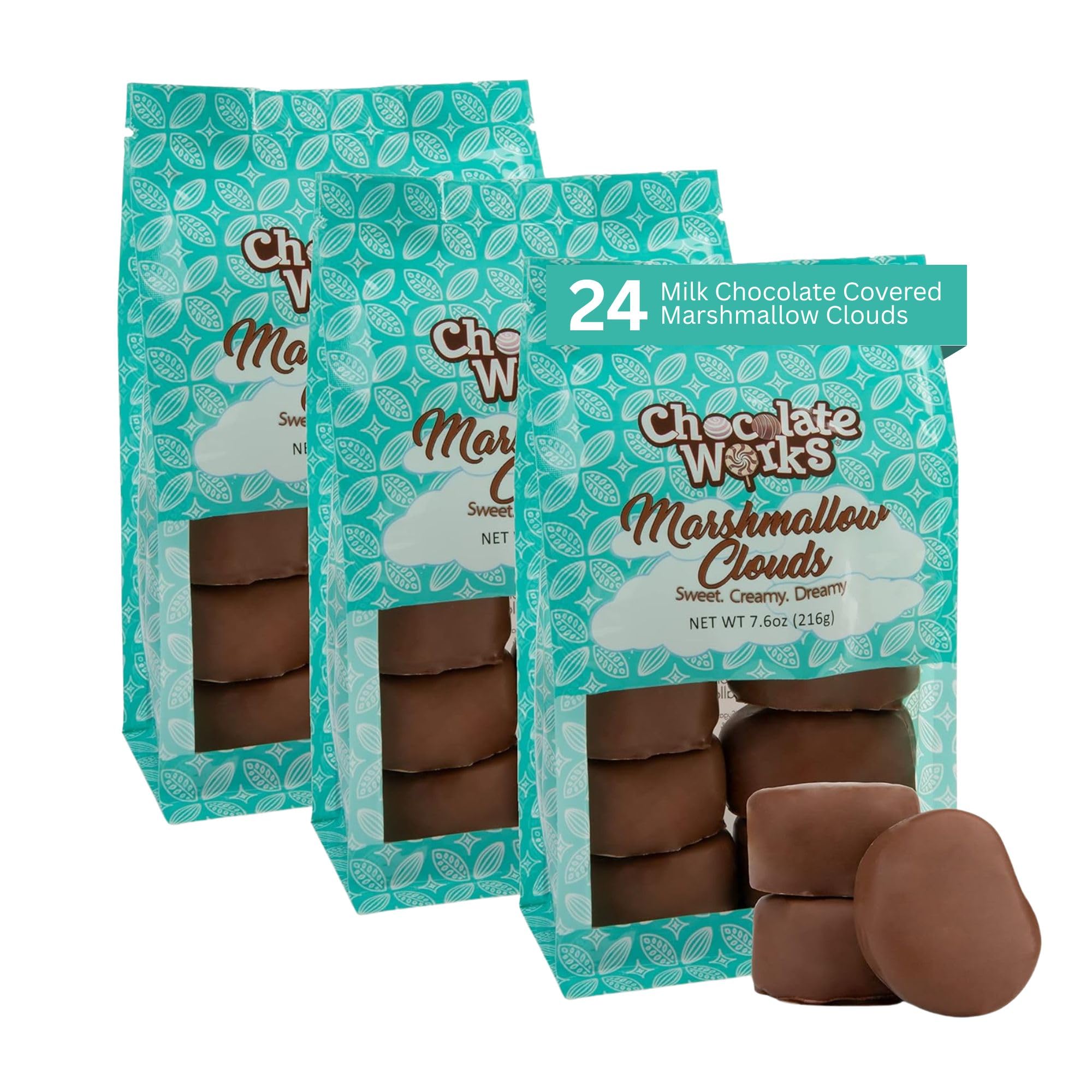 Milk Chocolate Coated Marshmallow Clouds by Chocolate Works, Gourmet Chocolate Candy Basket Gift, Luxury Belgian Chocolate Treats, 3-Pack, 8 per Bag