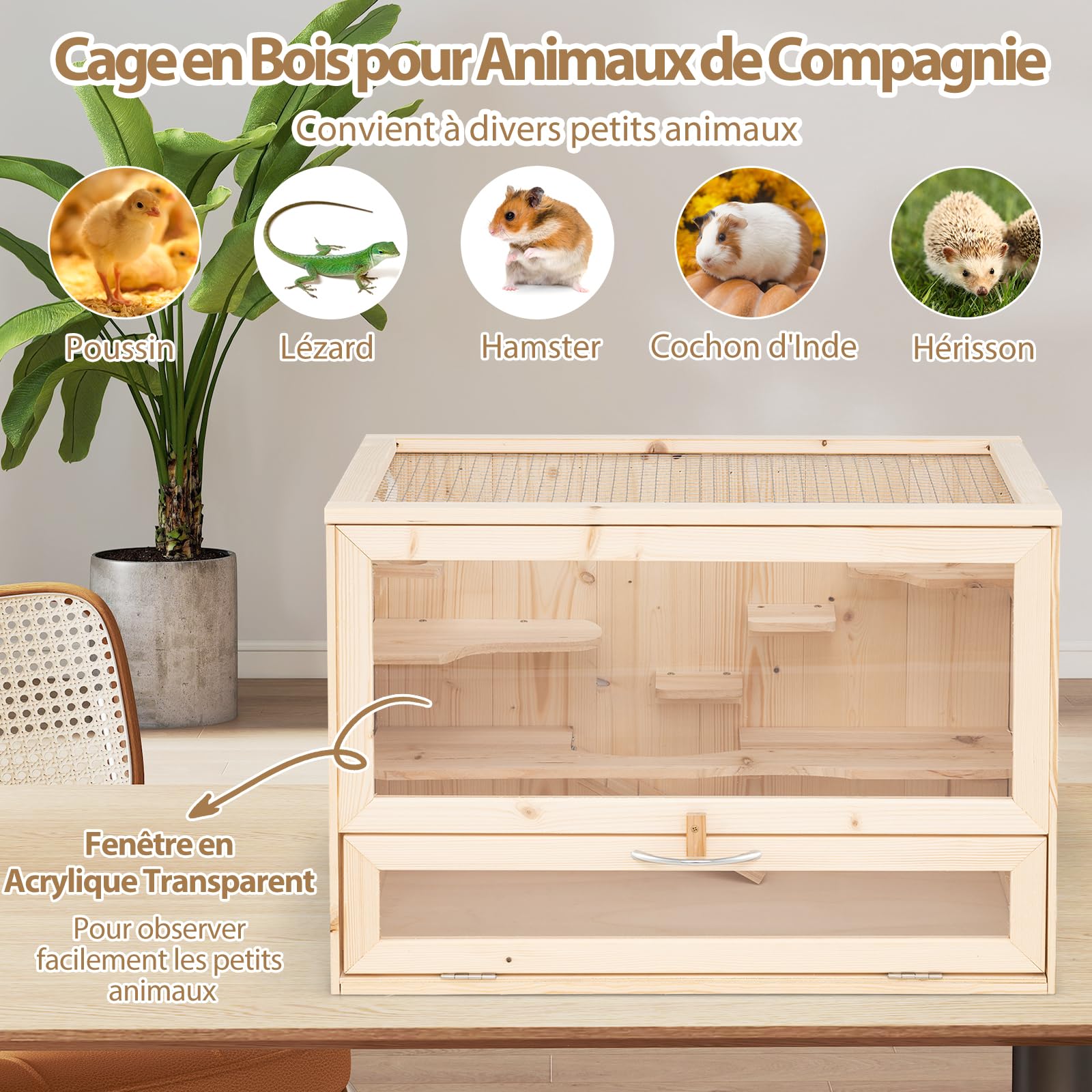 COSTWAY Cage Hamster en Bois, Cage pour Hamster, Toit Rabattable en Treillis, 5 Plateformes, Rampe, Panneau en Acrylique, Porte Verrouillable, pour Poussin Lézards Cochon, 60 x 35,5 x 42 cm