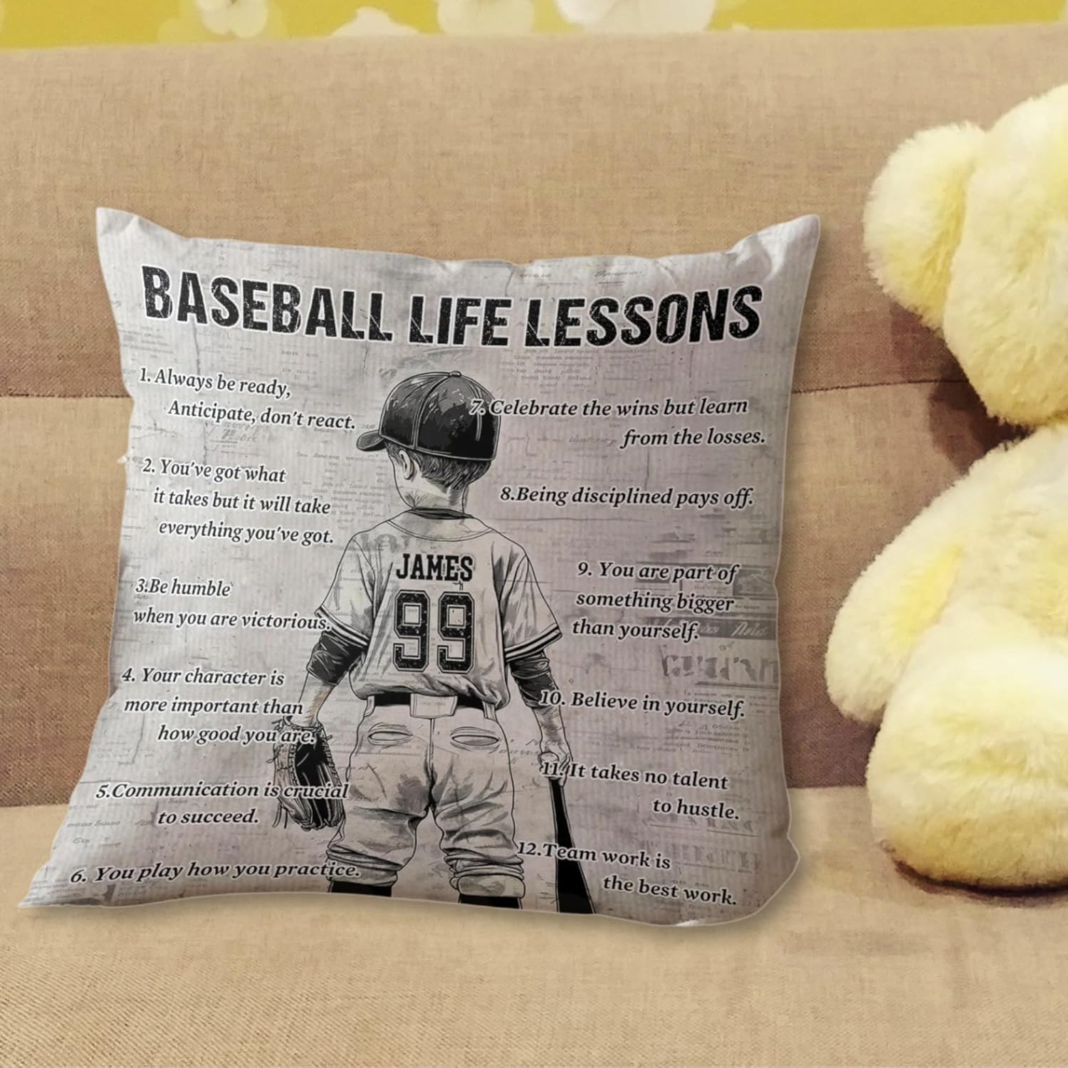 Personalized Kid Baseball Life Lessons Pillows - Gift for Young baseball Lovers, Personalized baseball Pillow - USA Made - Baseball Pillow with Jersey Number, Name - BASEBALL PILLOW For Boys Room