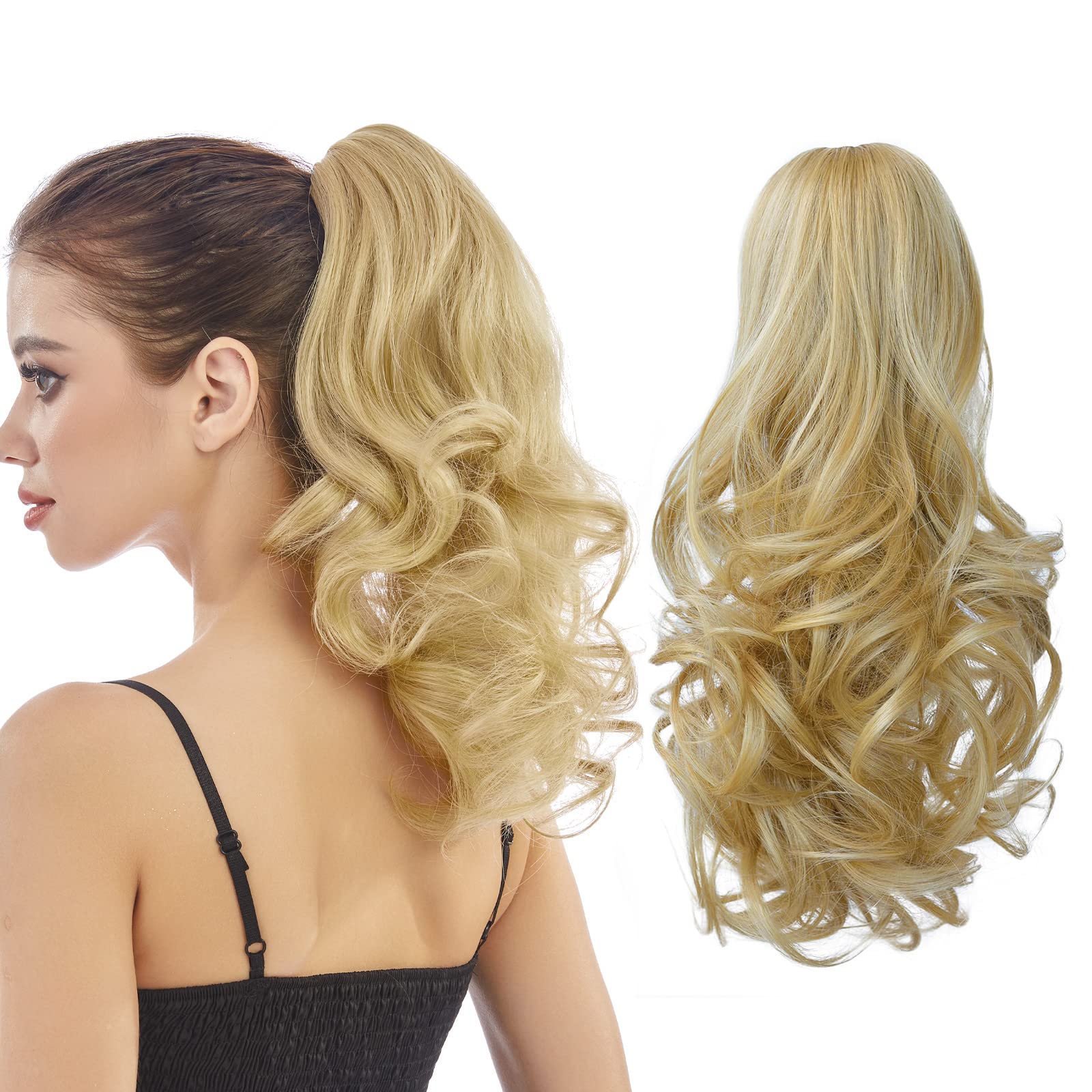 HEWEICSY Ponytail Extension, Hair Extensions Ponytail Claw 14" Wavy Fake Hair Curly Synthetic Ponytail Wig Clip Daily Fluffy Pony Tail Hair Piece for Women(Light Blonde)