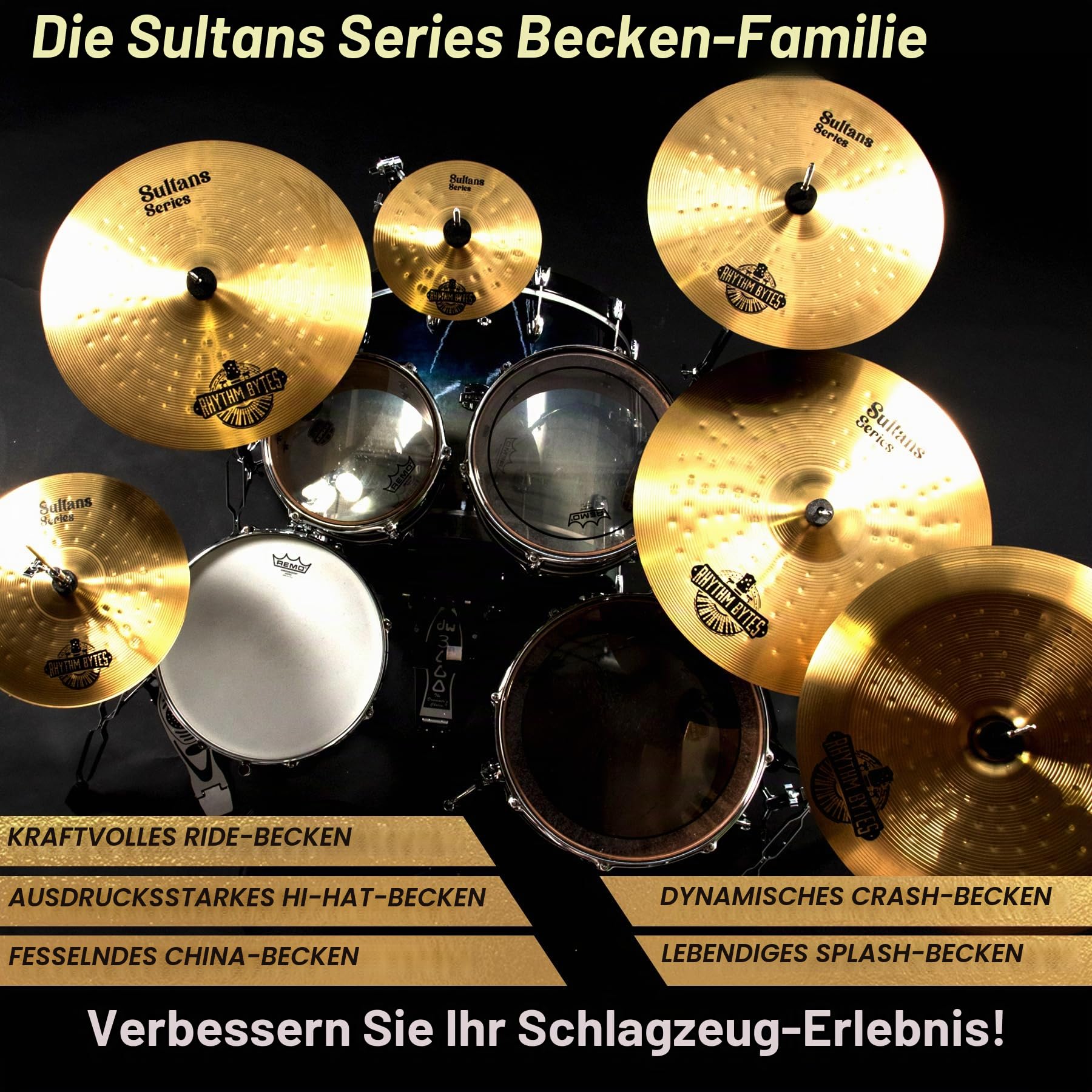 Beckenset Schlagzeug | 7-teiliges Beckenpack beinhaltet 14" HiHat becken, 16" Crash-becken, 18" Crash, 20" Ridebecken, Bonus 10" Splash und 18" China-Becken | Sultans Series Cymbal Pack