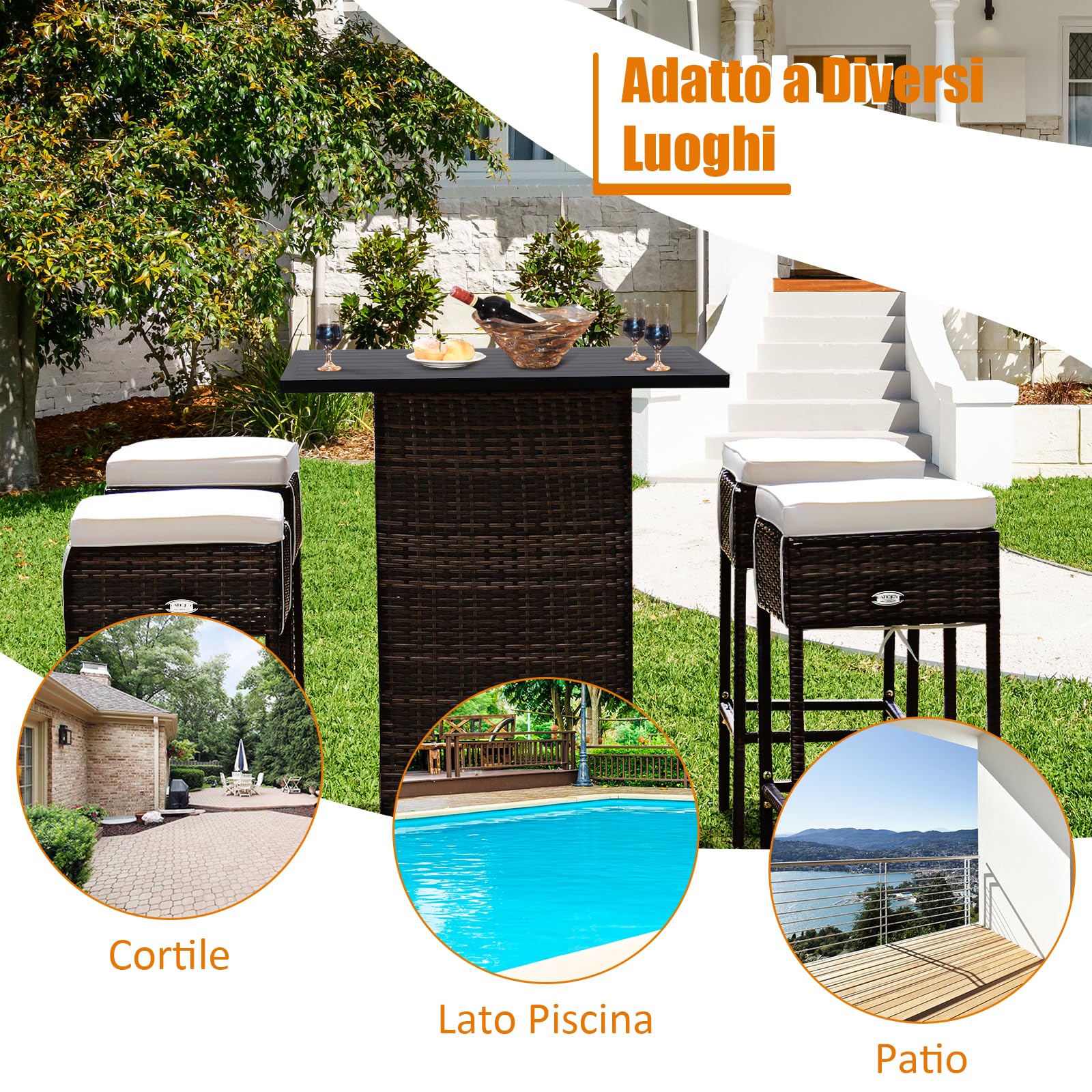 COSTWAY Set Mobili Bar da Giardino in Rattan 5 Pezzi, Tavolo con Spazio d Archiviazione Nascosto, 4 Sgabelli con Cuscini, Angolo Bar da Giardino Cortile ed Esterno
