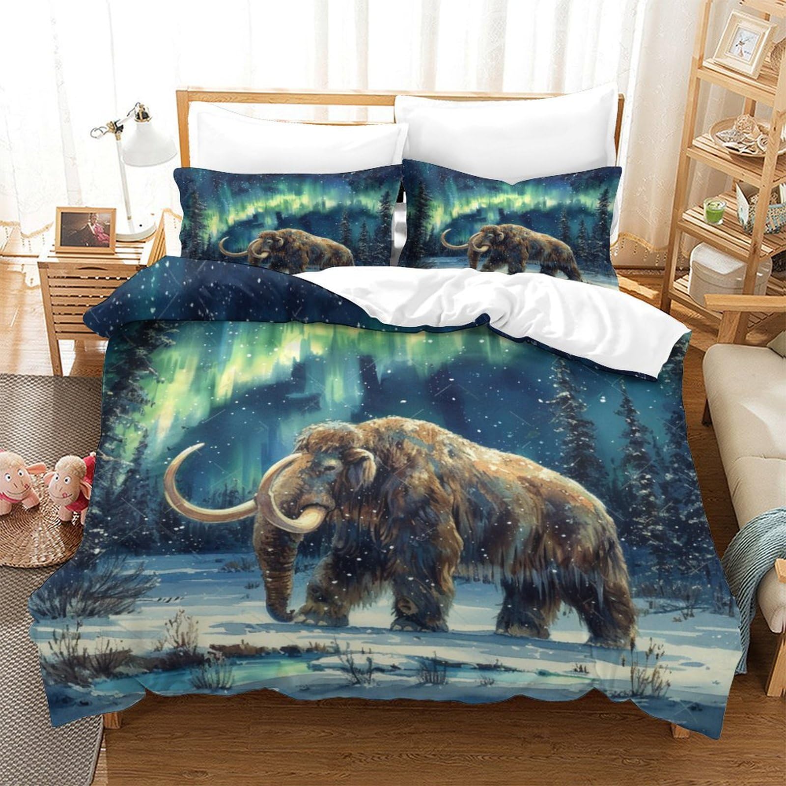 Poszewka z nadrukiem 3D z nadrukiem mamuta, rysowana pościel z mikrofibry, hipoalergiczny zestaw 3 sztuk, super king (260 x 220 cm), dla chłopców i dorosłych