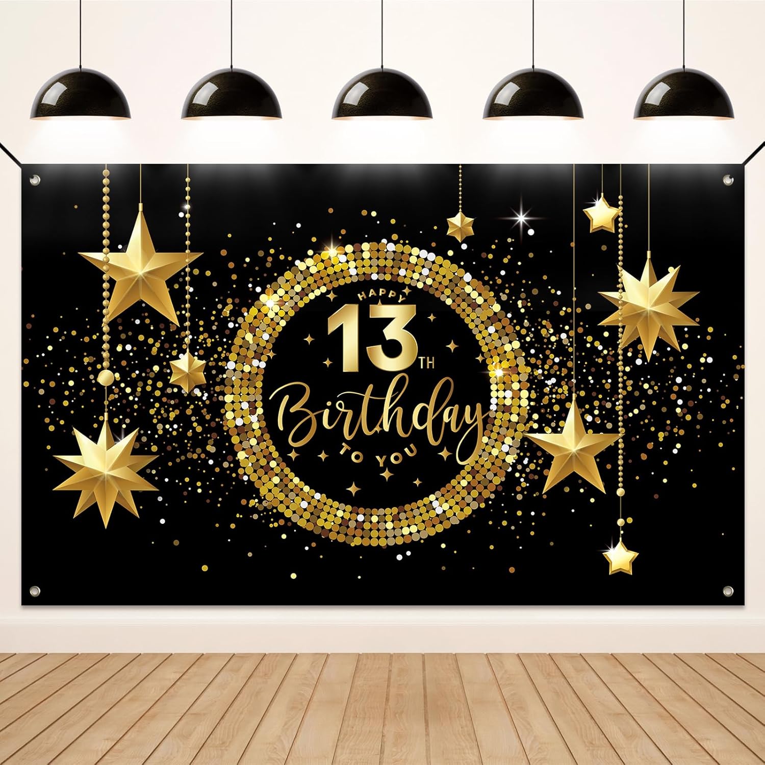 13th Birthday Banner, 13th Birthday Decorations for Boys and Girls, Fabric Birthday Party Banner for Indoor and Outdoor, 180 x 110cm(Black Gold)