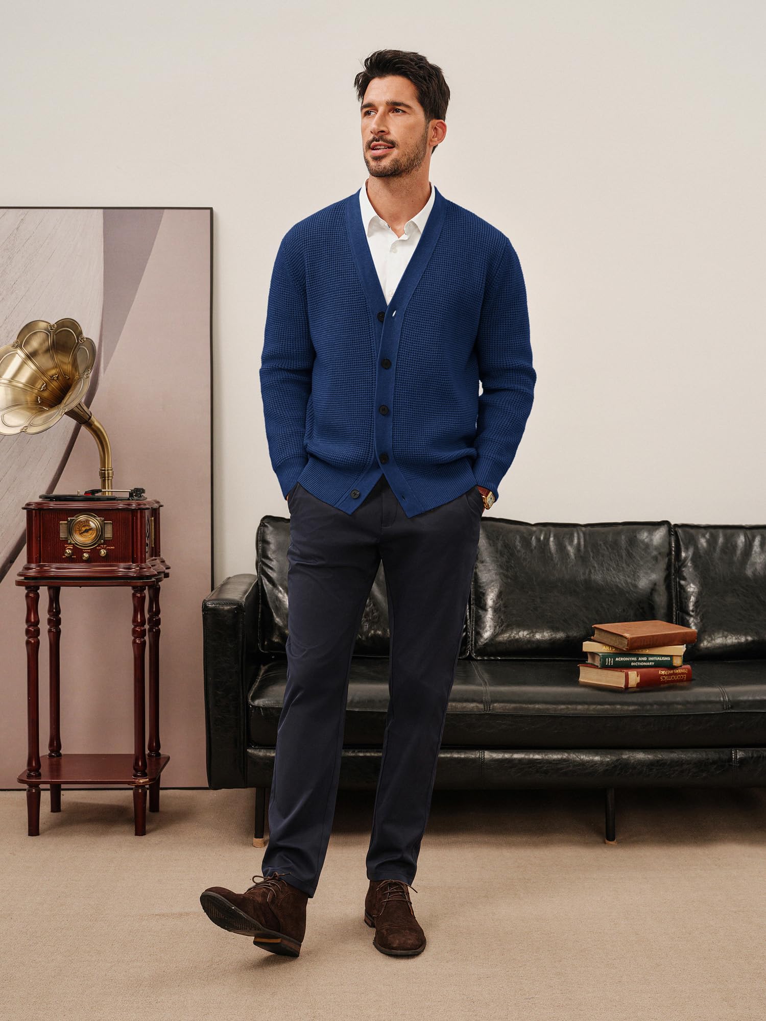 PJ PAUL JONES Cardigan gaufré pour homme - Manches longues - Col en V - Bouton Down