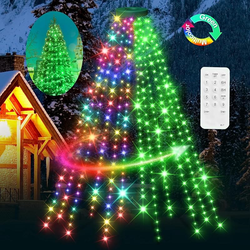 12 Modes Easy Christmas Tree Lights with Ring Indoor Outdoor - 6.56Ft | 12 Lines String 288 LED Timer Dimmable Remote Waterproof Lights for 6 7 Ft Xmas Tree Decor (Green or Multicolor)