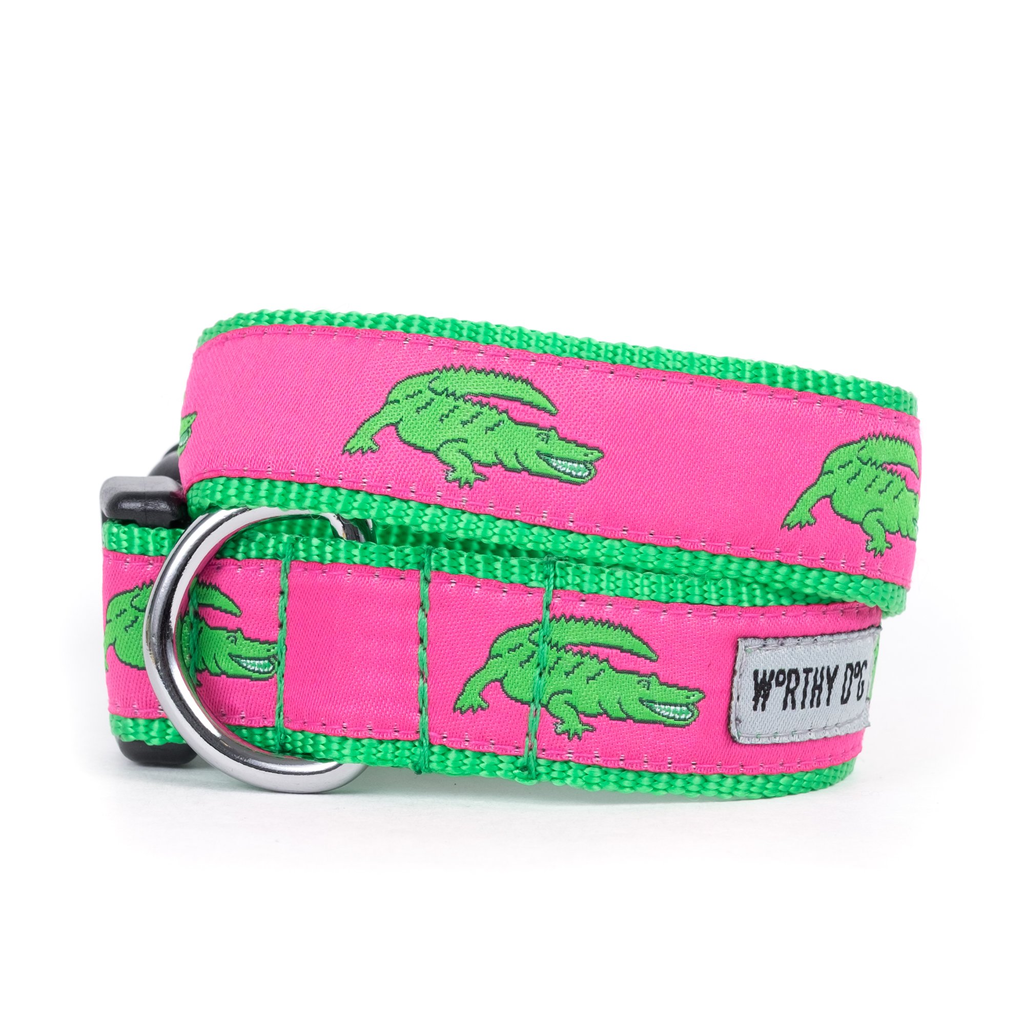 The Worthy Dog Green Alligators Pattern Designer Adjustable and Comfortable Nylon Webbing, Side Release Buckle Collar for Dogs, Large -Pink Color