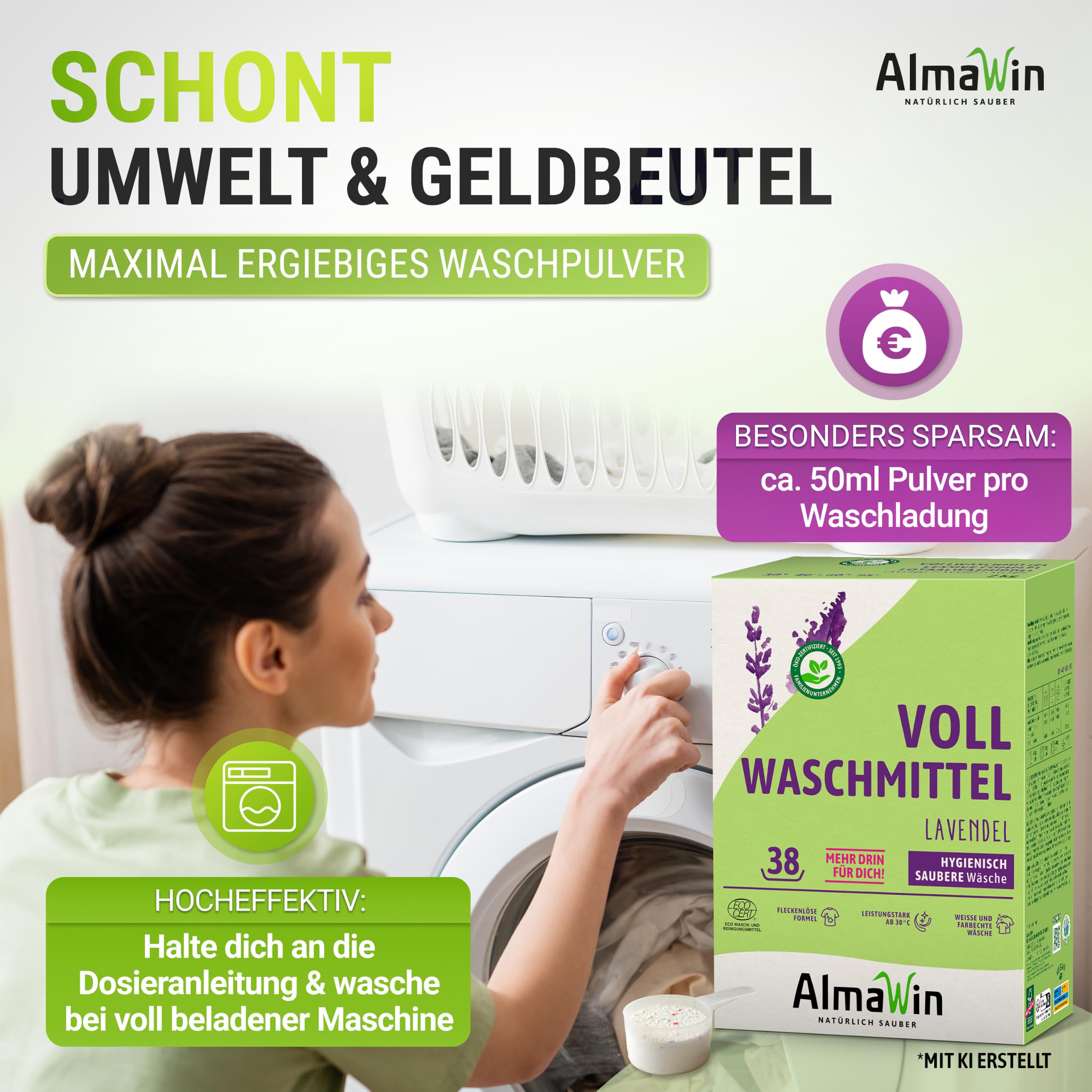AlmaWin® Vollwaschmittel Pulver [6x 2kg - 228 Ladungen] mit Lavendel-Duft für strahlende Reinheit - Waschmittel Pulver für alle weißen & farbechten Textilien [30-95°C] - Veganes Voll-Waschpulver