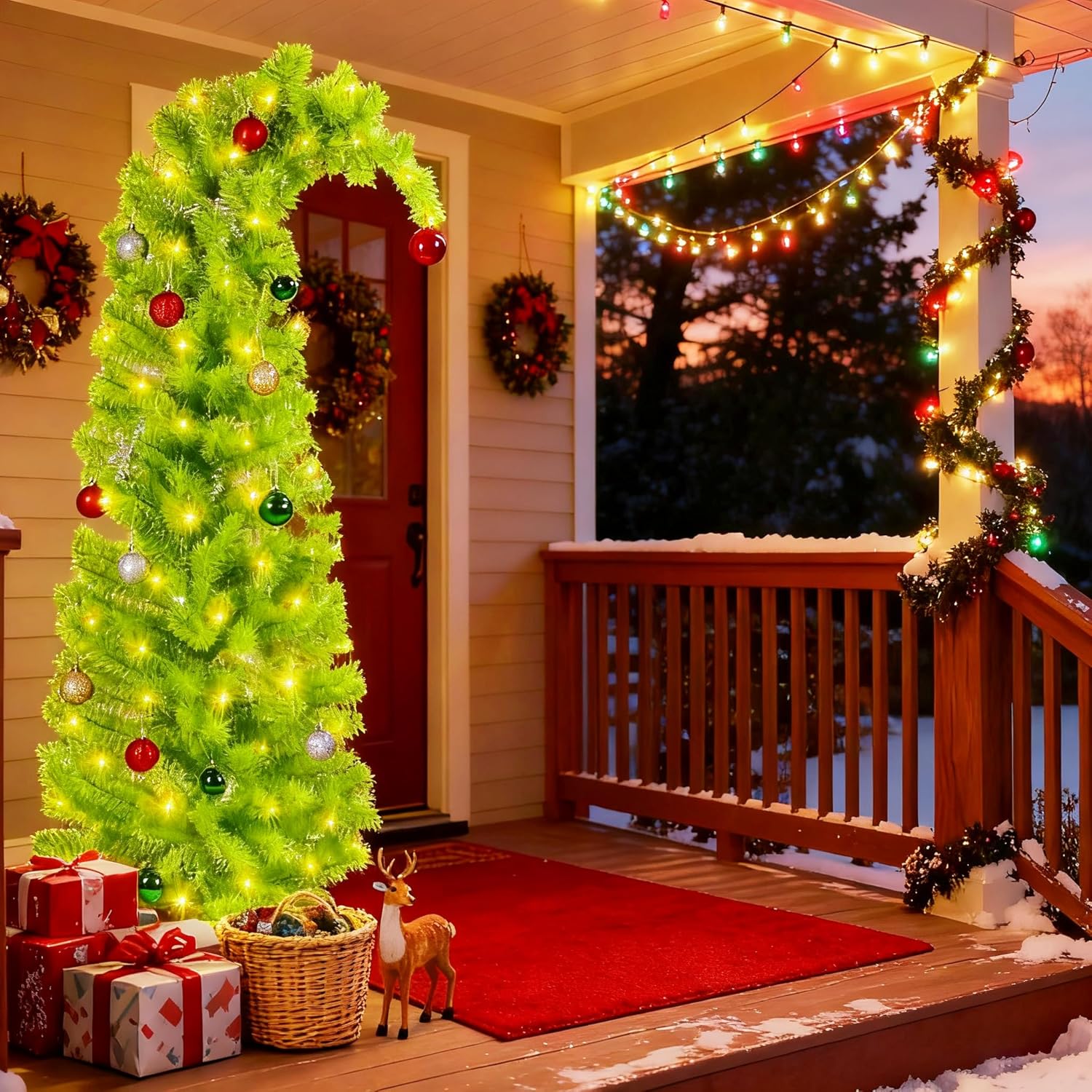 5ft Artificial Christmas Tree, Grinch Tree Halloween Tree Decorations Whimsical Green with 150 LED Warm White Lights & Colorful Balls, 8 Lighting Modes Bendable Fake Pine Tree with Base