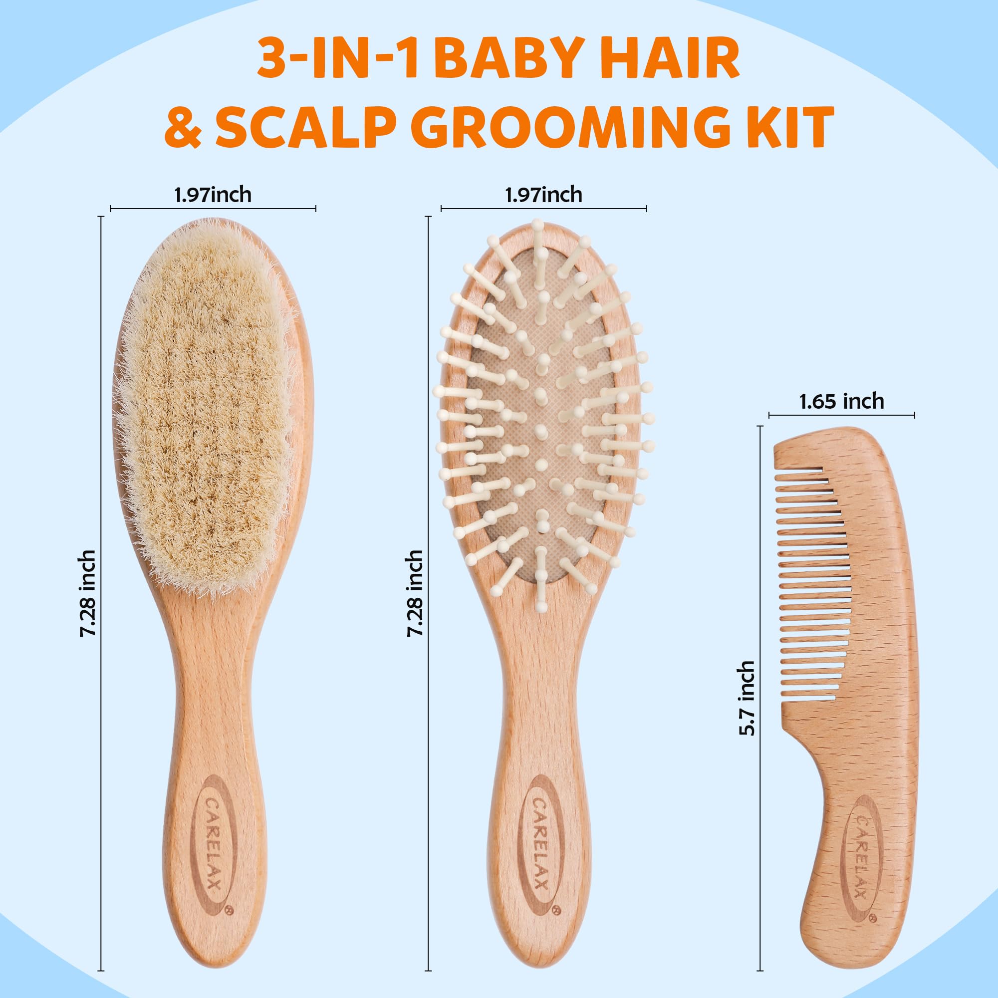 Baby Haarbürste & Kamm Set, Bio Holz Haarbürste Natürliche Ziegenborsten 3-teilig für Neugeborene & Kleinkinder, Ideal für Wiegenmütze & Juckreiz, Perfektes Dusch- und Registrierungsgeschenk für