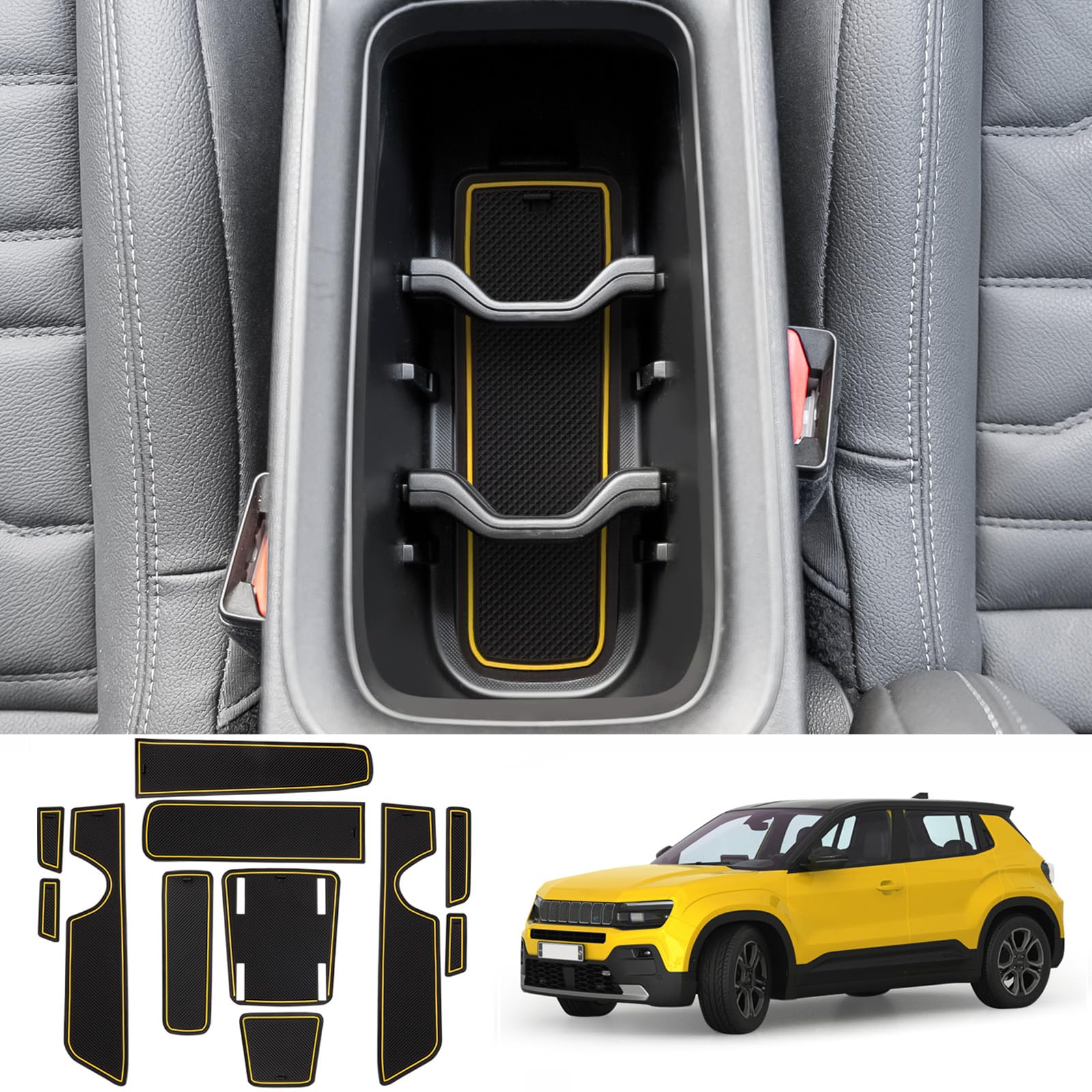 Tappetini Antiscivolo Compatibile con Jeep Avenger 2023 2024, Tappetini in Gomma per Console Centrale, Portabicchieri, Cuciture Porta, Braccioli, Jeep Avenger Tappetino per Auto (Giallo)