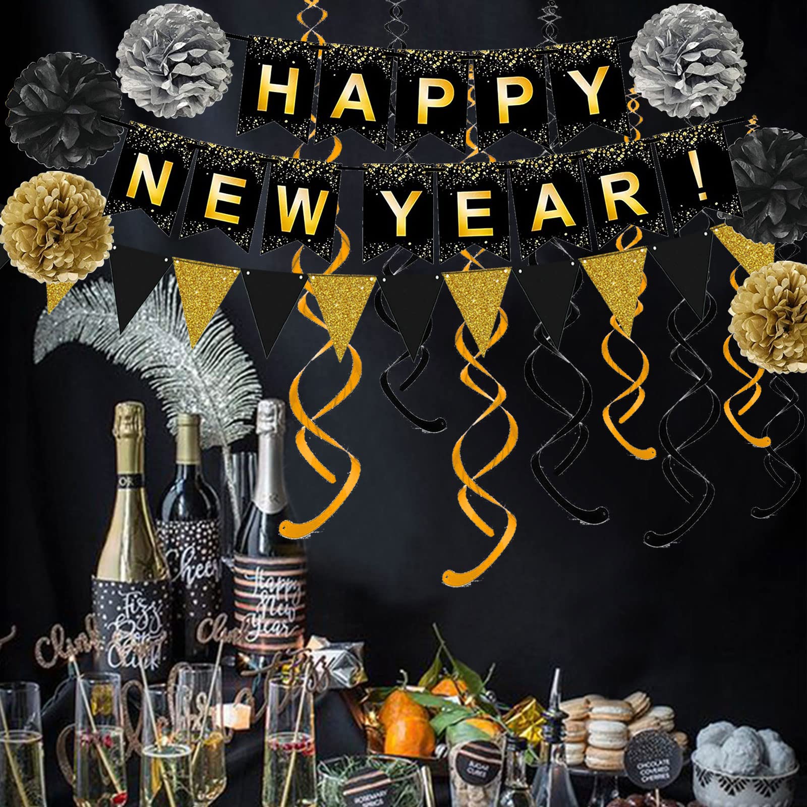 Happy New Year Set Black Banner with Gold Black Paper Flag Bunting Swirl Streamers & Pom Poms for Happy New Year Party Decorations