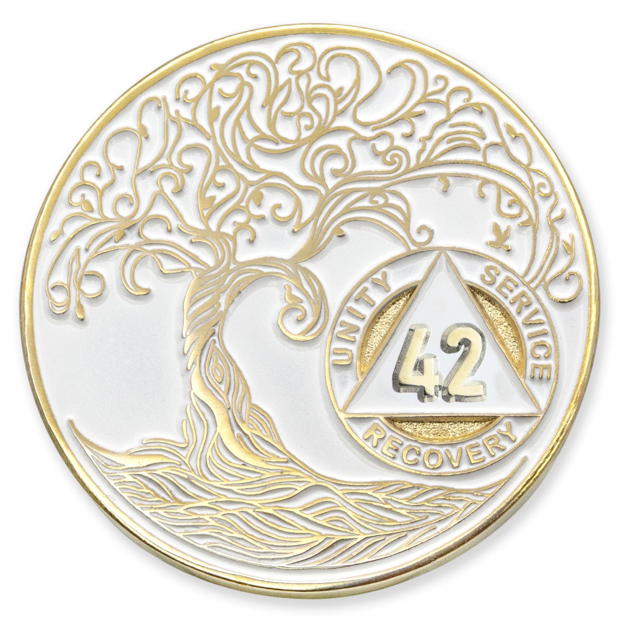 1 to 50 Year Twisted Tree of Life Sobriety Coin - Gold Plated AA Chips &amp; Medallions - 42 Year Sobriety Coin - White