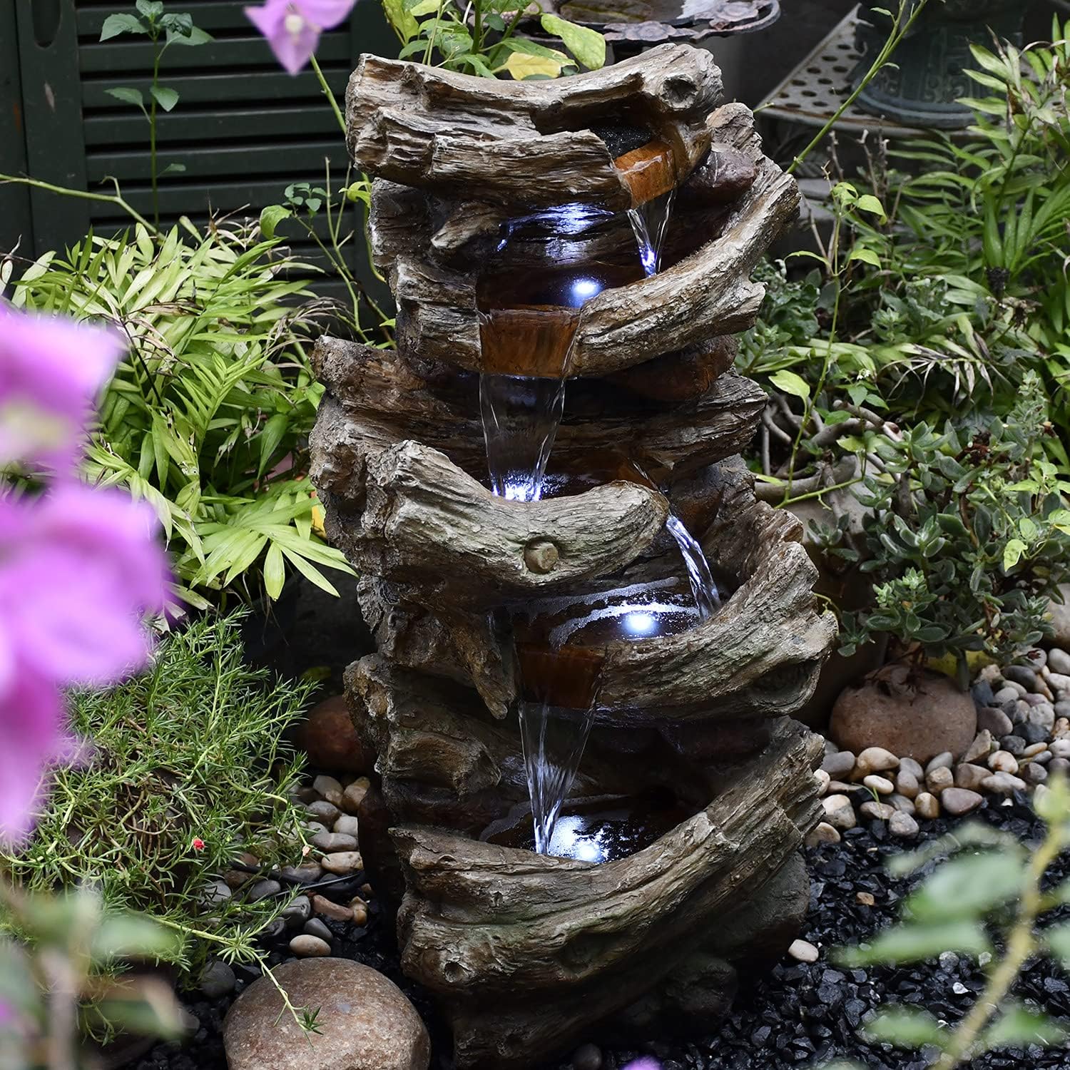 Outdoor Water Fountain Waterfall, 5-Tier Rock Fountain Floor Standing Fountain with White LED Light, Tabletop Fountain for Patio Yard Garden Patio Deck Decor (30") : Home & Kitchen