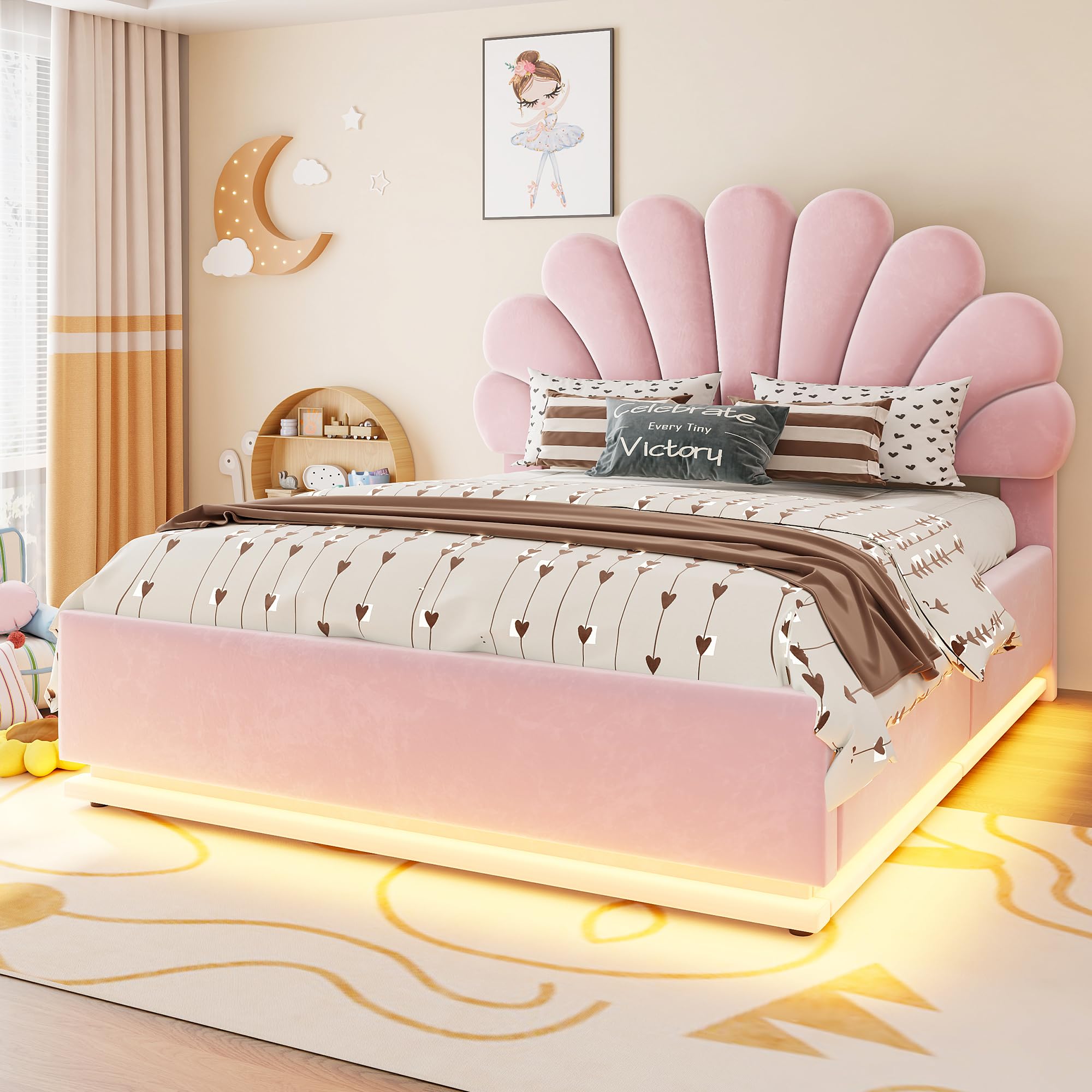 letto matrimoniale con contenitore idraulico,LED,140x200cm,rosa