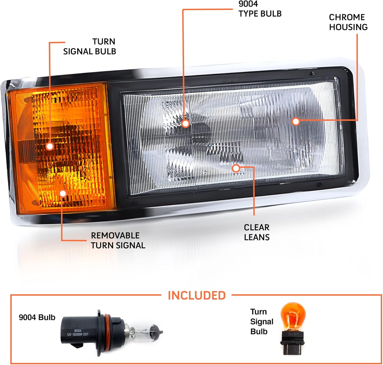 Torque Headlight Passenger Right Side w/Turn Signal Replacement for 1990-2006 Mack CH600 CH612 CH613 semi Trucks (Only for Set Back Axle) [Included All Bulbs] Assembly DOT SAE Approved (TR046-R)