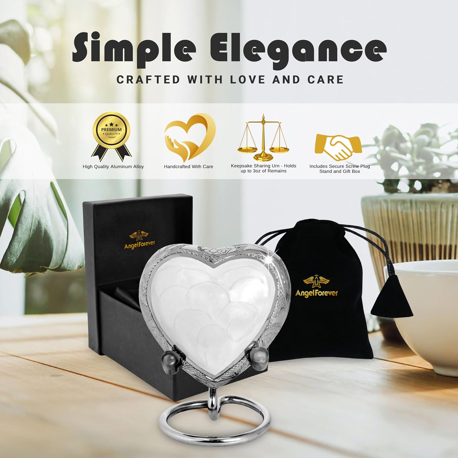 White Heart Keepsake Urn for Human Ashes – Handcrafted Brass Mini Urn with Stand, Velvet Bag & Gift Box – Enamel-Coated Small Memorial Urn for Baby, Pet or Loved One – Decorative Funeral Keepsake