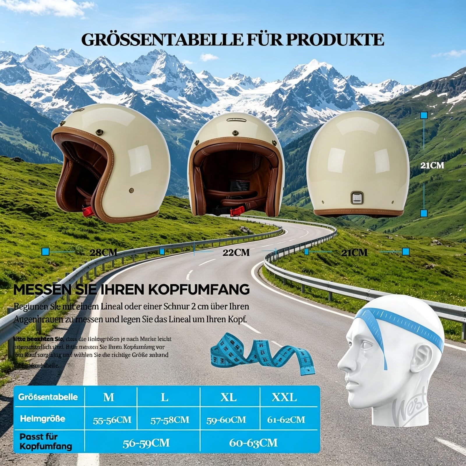 Legion 3/4 Kask Motocyklowy Otwarty Certyfikat Atest ECE 22.06 Dopuszczony do Ruchu Skorupa ABS Szybkie Zapięcie Retro z Okularami Vintage Złoty Pas Skuter Cruiser Matowy Czarny