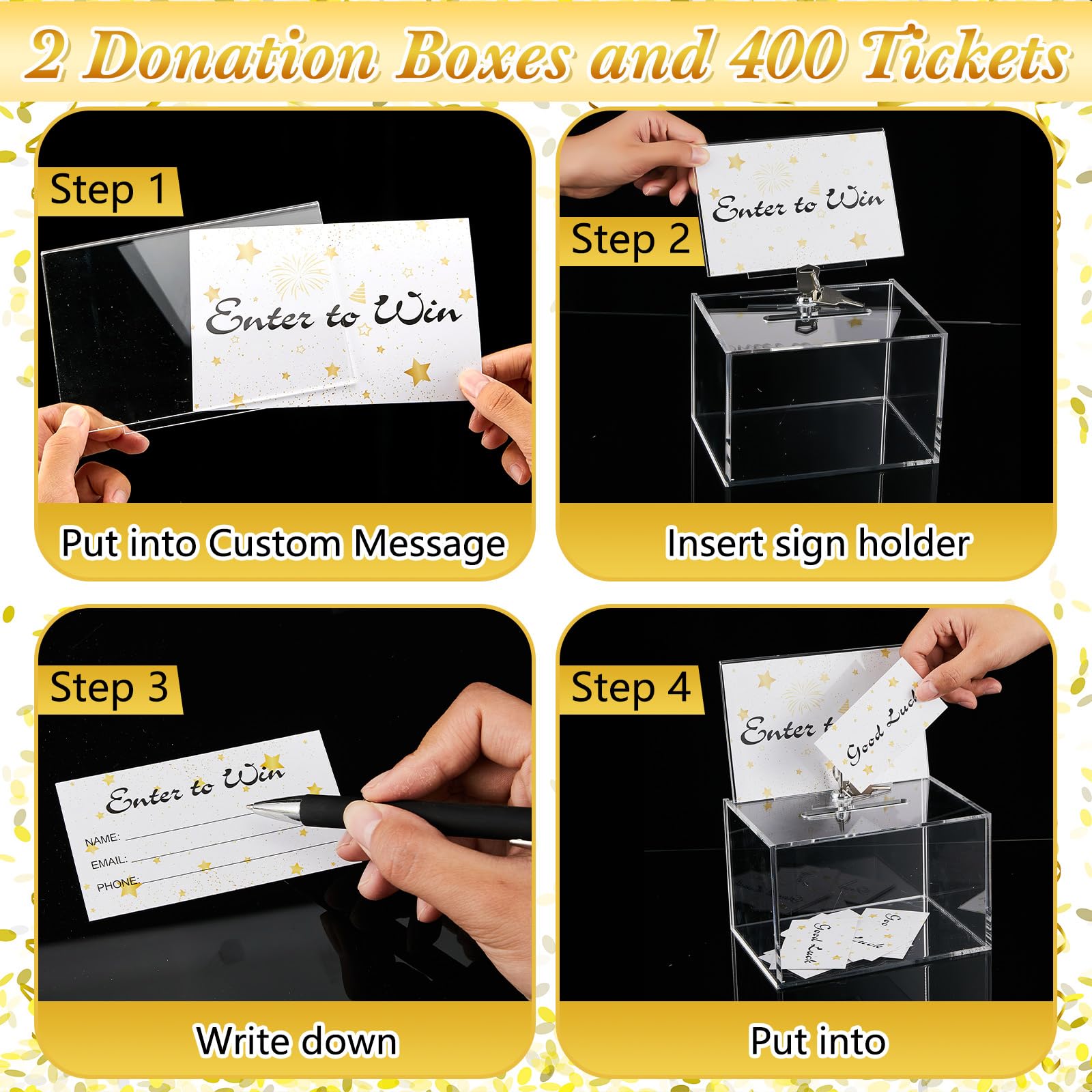 Beeveer 2 cajas de rifa acrílicas con cerradura, 400 unidades, tarjetas de rifa, caja de boletos de rifa con soporte para letreros, caja de sugerencia con ranura, caja de donación transparente, caja