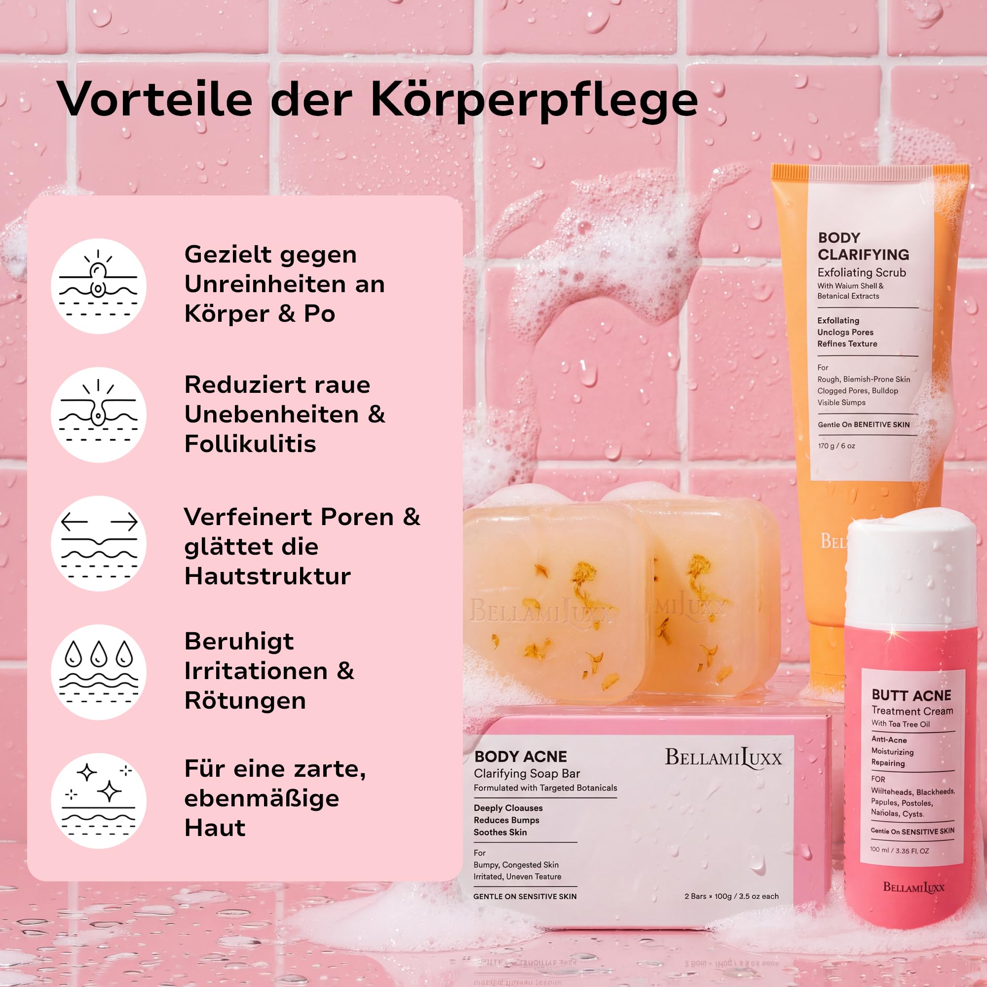 BellamiLuxx 3-teiliges Set gegen Pickel am Po – Lotion, Klärende Seife & Körperpeeling für Po, Oberschenkel & Rücken – Bei Hautunreinheiten, verstopften Poren & rauer Haut – Peelen, Reinigen & Glätten