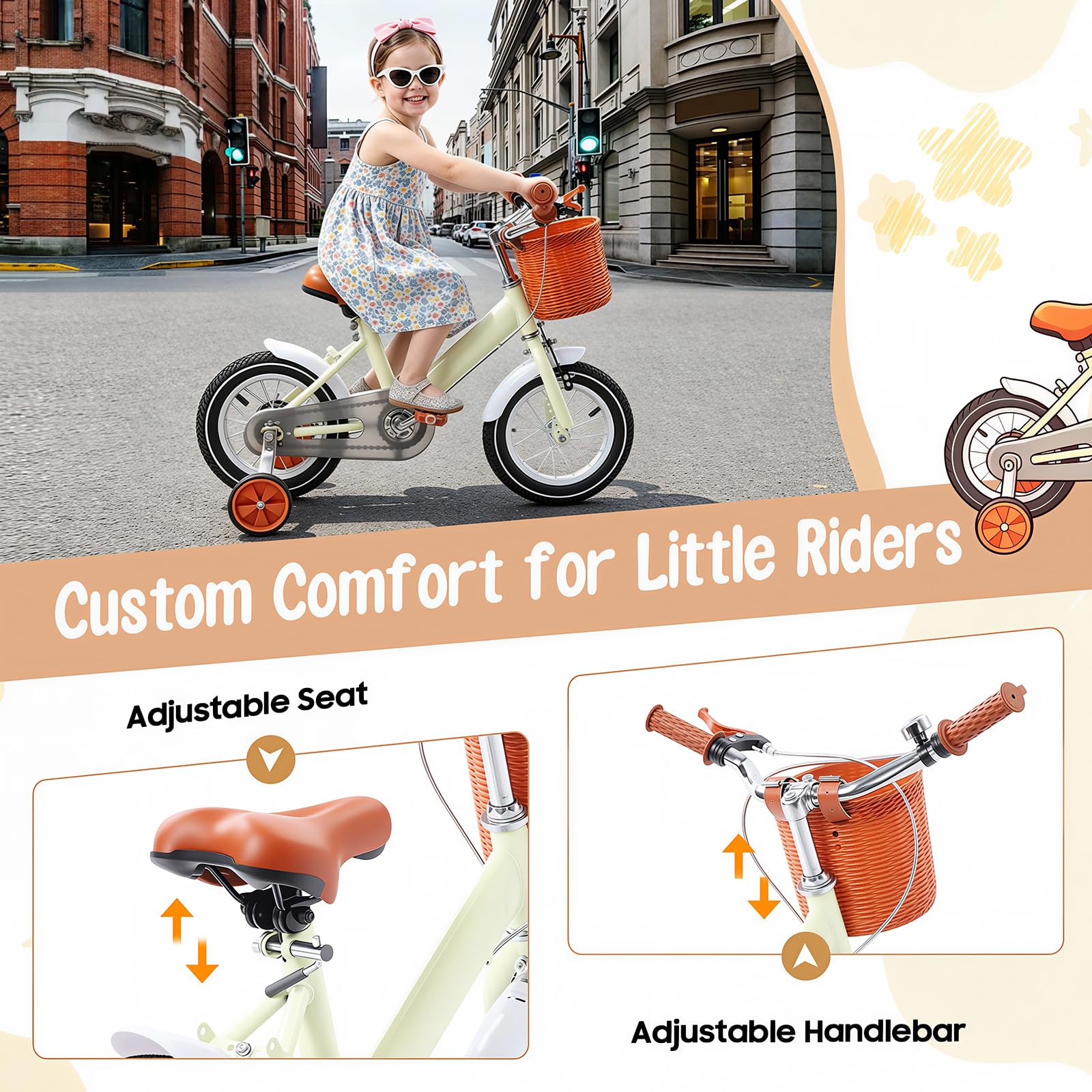 Vélo enfant 12 pouces avec panier avant roues stabilisatrices 2-4 ans hauteur réglable 60-70 cm