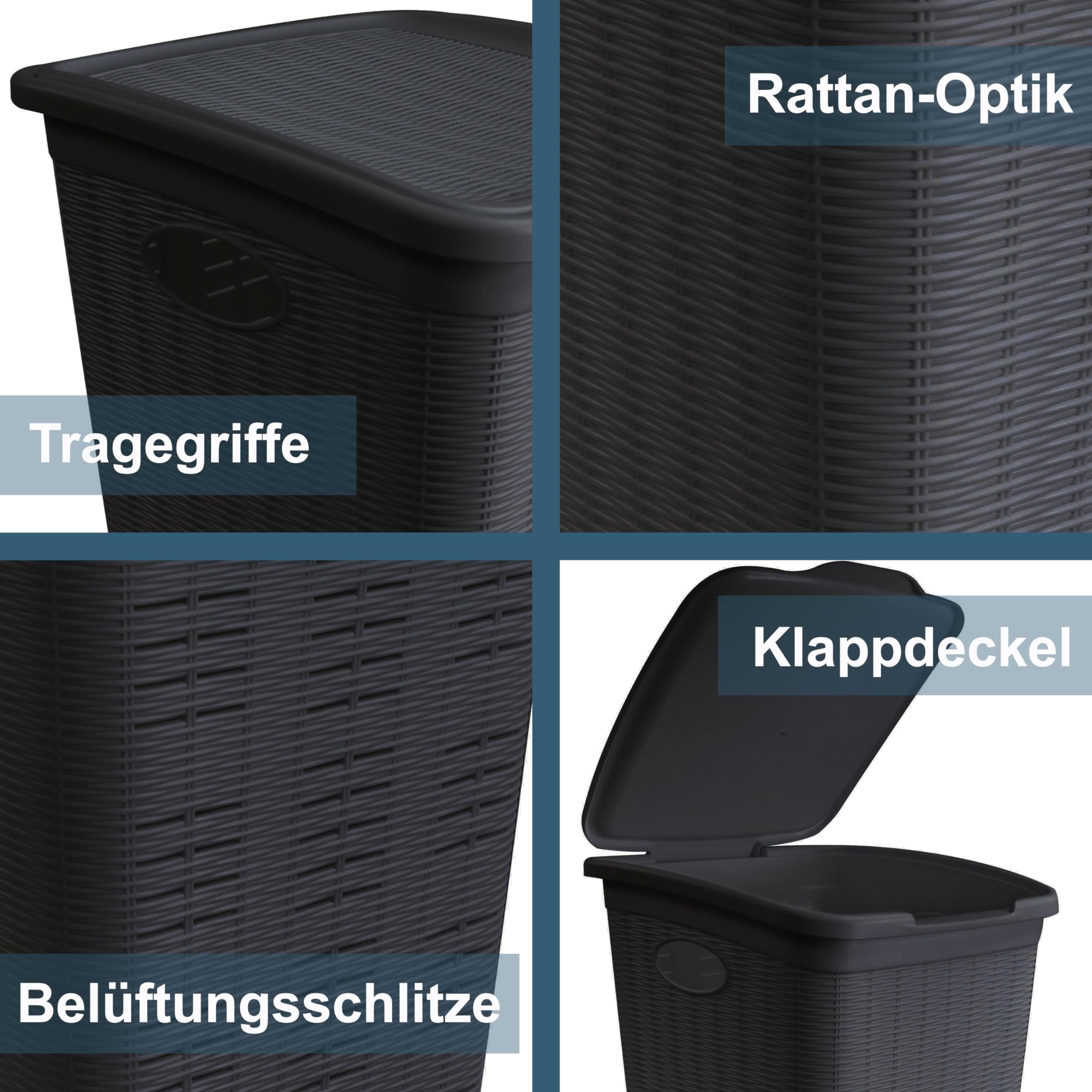 2x Wäschekorb 50L groß Hellgrau Rattanoptik mit 38x36x54cm Korb Kunststoff