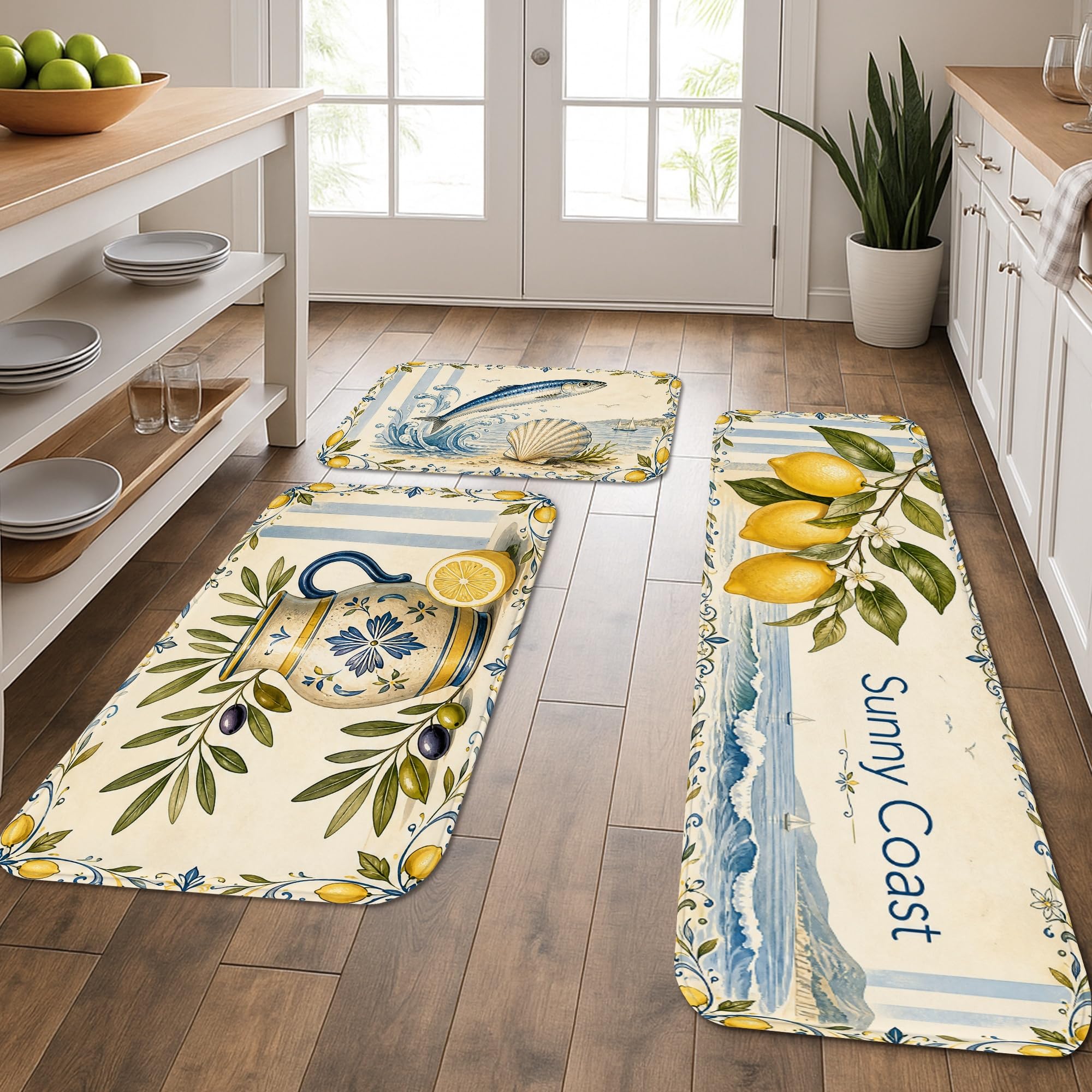 Tapis de cuisine doux Sunny Coast vintage | Lot de 3 pour sol de salle de bain et évier lavable
