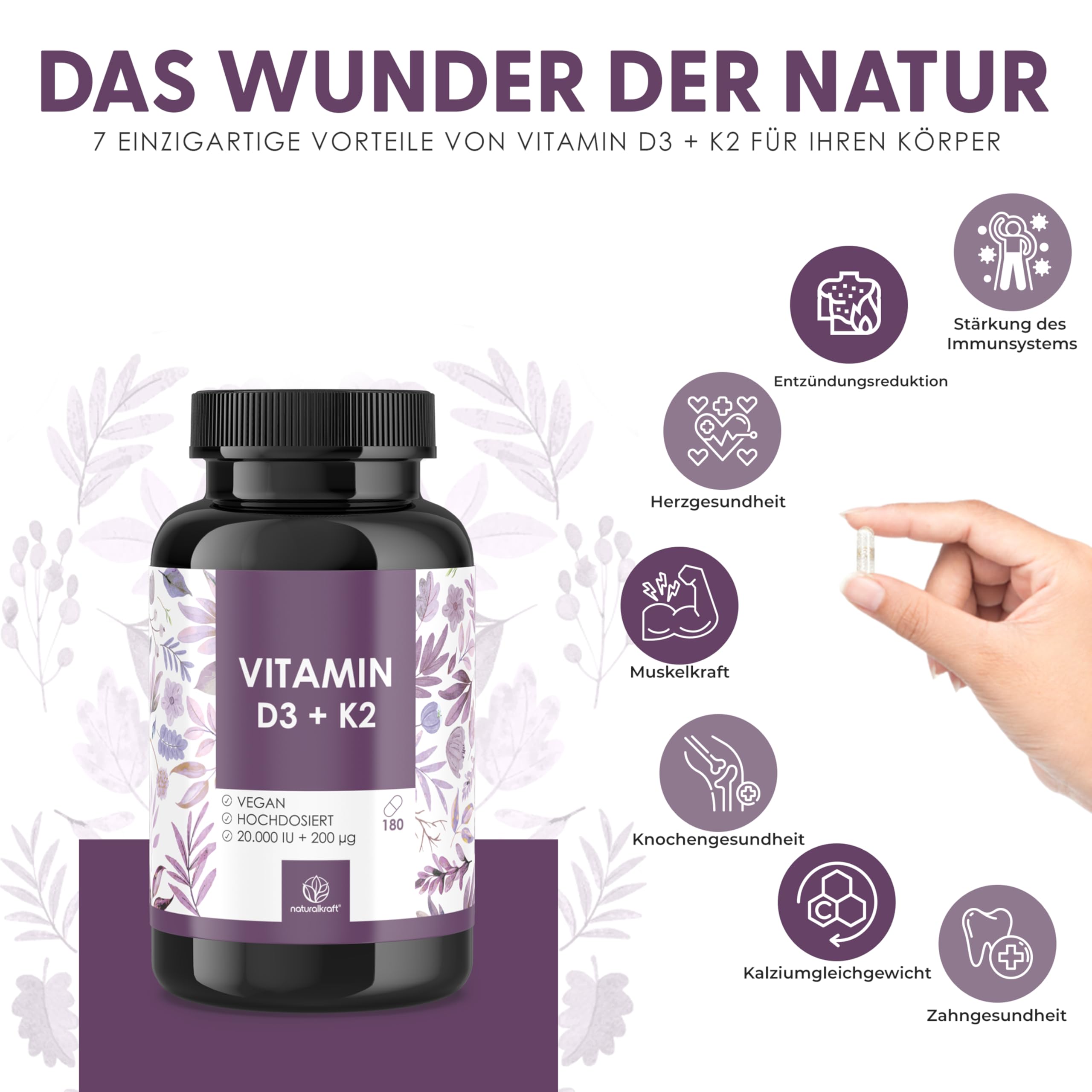 Premium Vitamin D3 + K2-20.000 I.E. + 200 µg – 180 vegane Kapseln – Hochdosiert – Deutsche Markenqualität