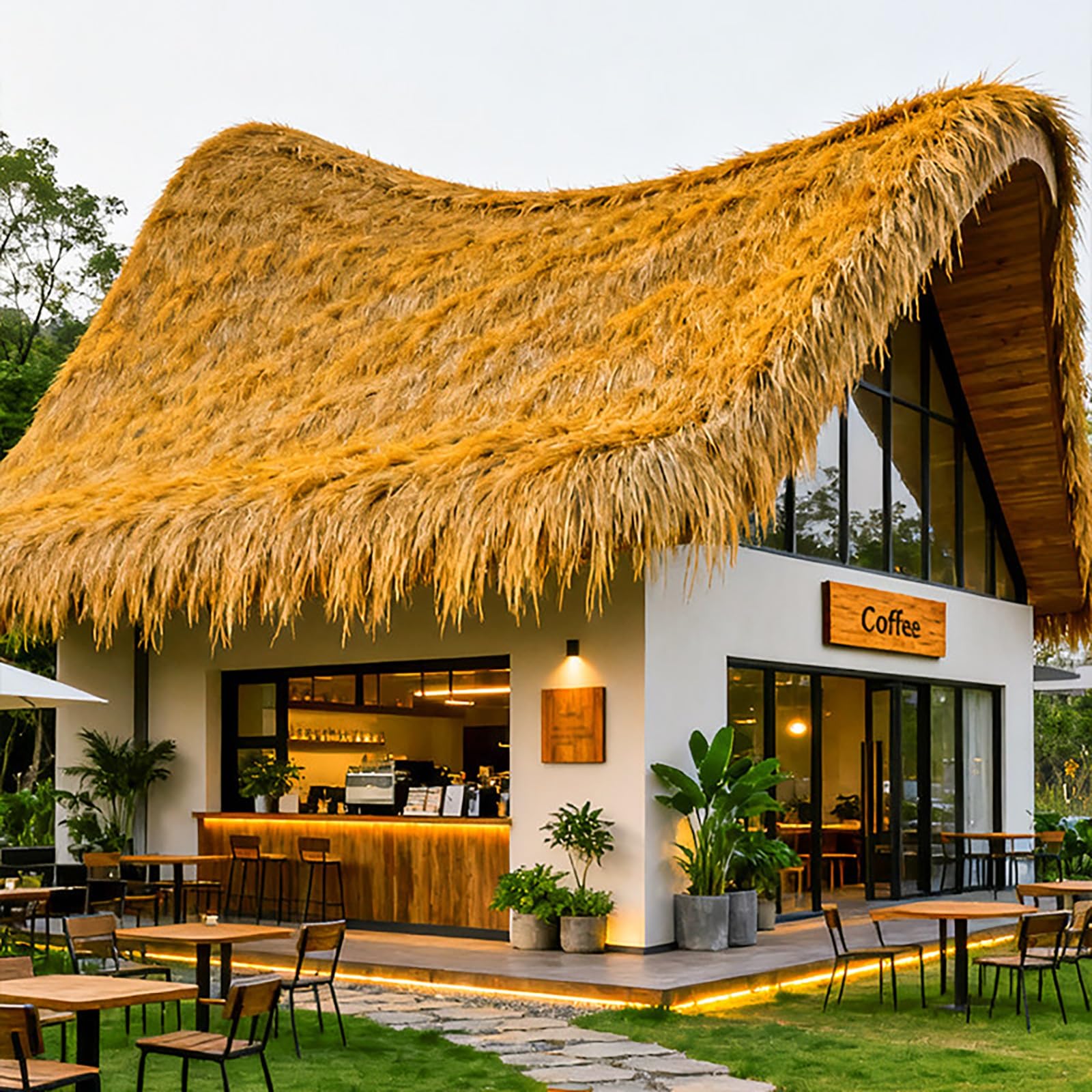 Ognioodporna syntetyczna rolka dachowa z strzechą – 0,5 x 6 m Tiki Bar i dekoracja patio meksykański wygląd słomy idealna na plażę i imprezę hawajską materiał strzechy na zewnątrz