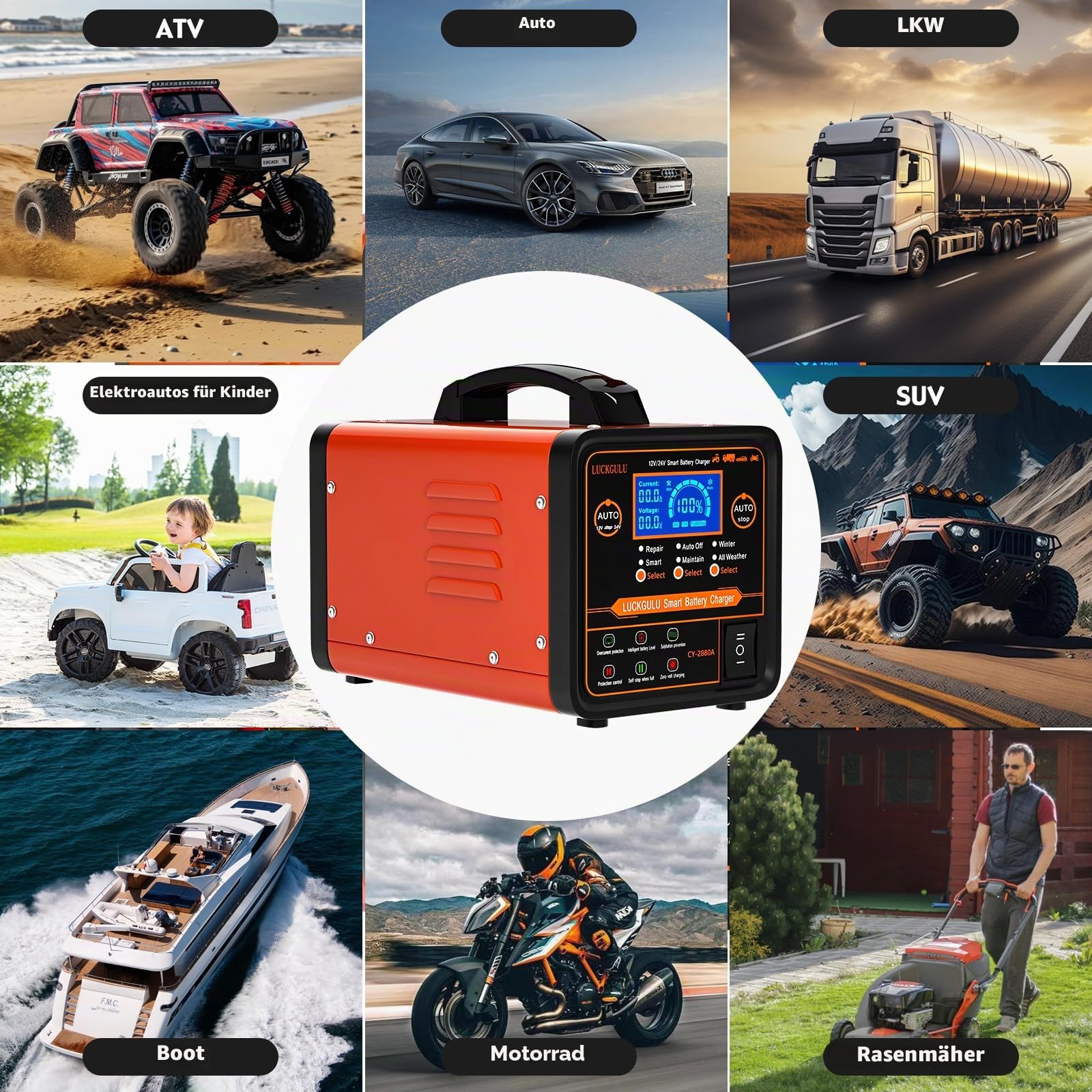 12V/24V Autobatterie Ladegerät 20A Schwerlast-Automatisches Lade- &Wartungsgerät mit Reparatur-Modus,Winterprogramm,Auto-Stopp Schnelllader für Auto,LKW,Motorrad,Wohnmobil,AGM,Deep-Cycle Batterien