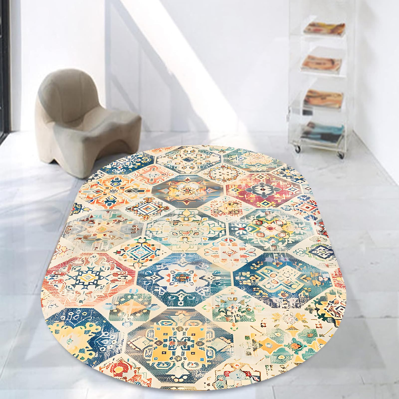 Tapis ovale lavable multicolore de 120 x 200 cm idéal chambre et salon