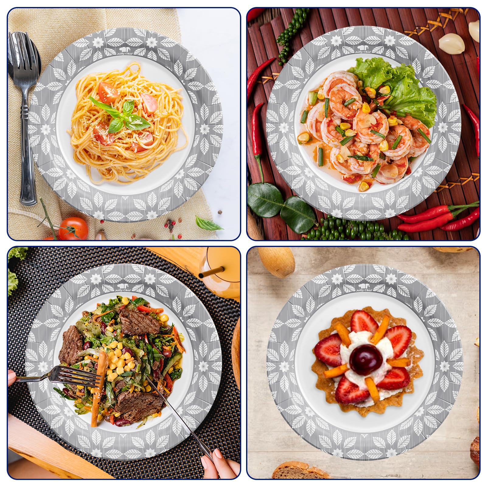 JOLLY CHEF Platos de papel desechables de 10 pulgadas, paquete de 140 platos impresos resistentes, a prueba de remojo, a prueba de cortes, aptos para microondas para uso diario