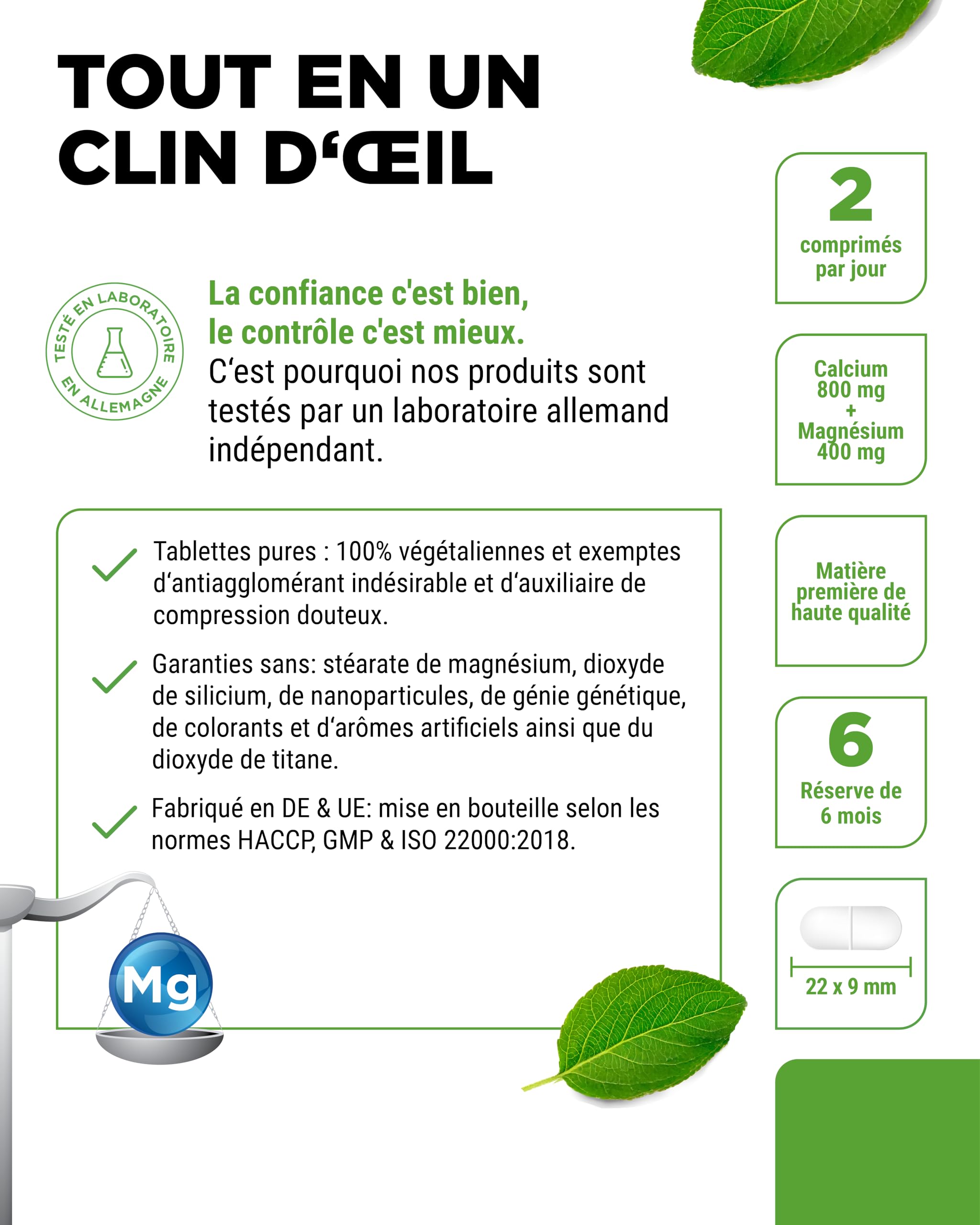 Calcium 800 mg + Magnésium 400 mg (2 comprimés) - 365 comprimés - 6 mois d'approvisionnement - Complexe de calcium + magnésium dans un rapport 2:1 - Végétalien - Fortement dosé.