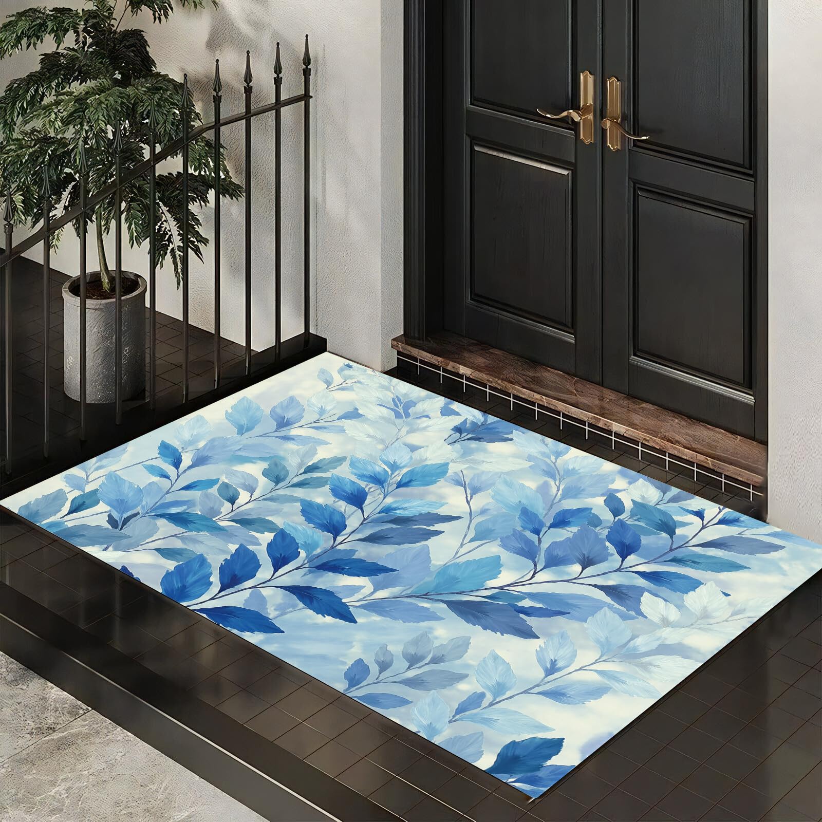 Tapis de Cuisine et Couloir Aquarelle Feuilles Bleues 60x90