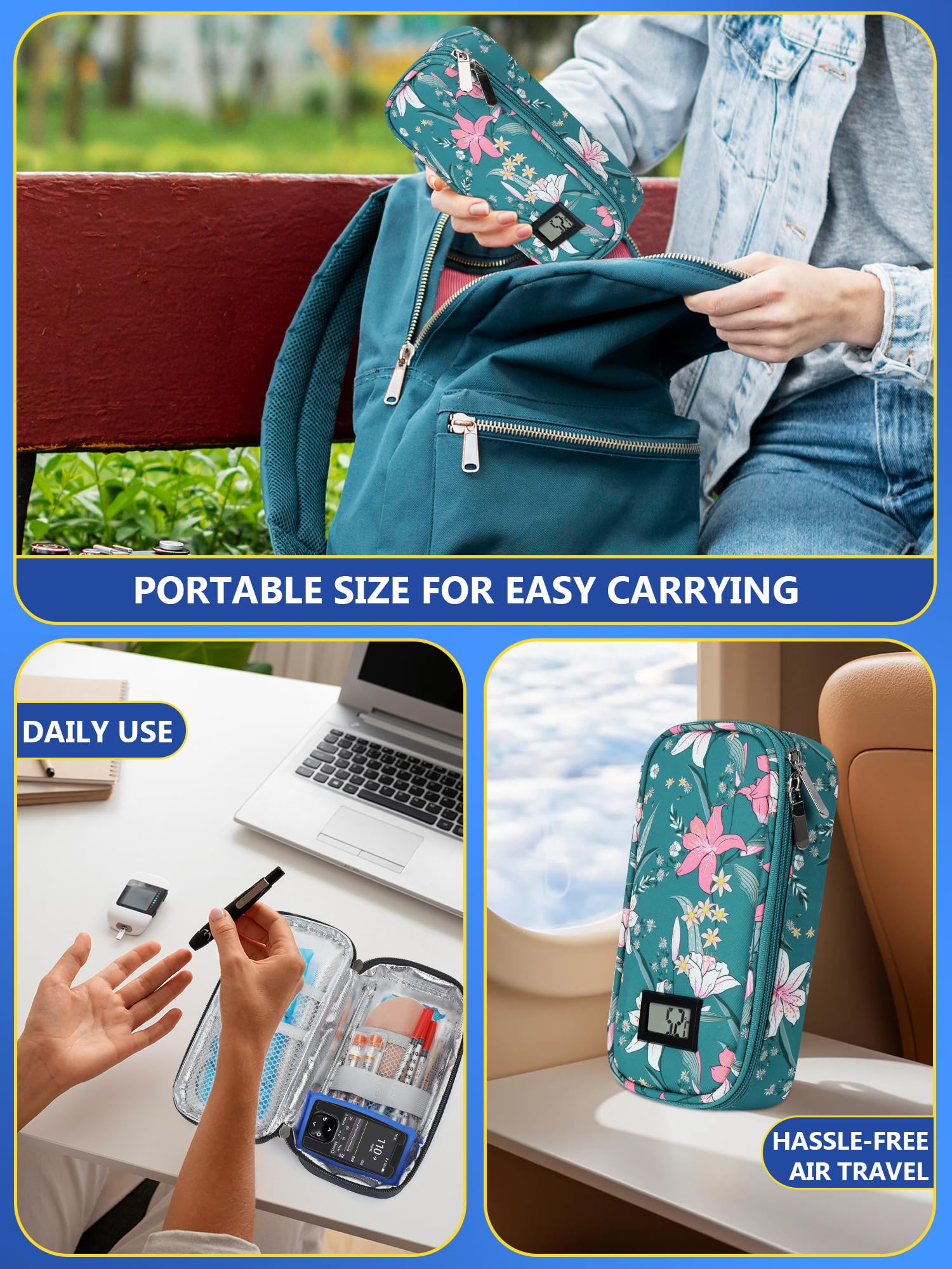 YOUSHARES Trousse Isotherme Insuline - Sac Isotherme Medicament Voyage pour Diabetique Affichage de la Température, Pochette Isotherme Insuline Injection avec Poche Glacière pour Stylo, Lys