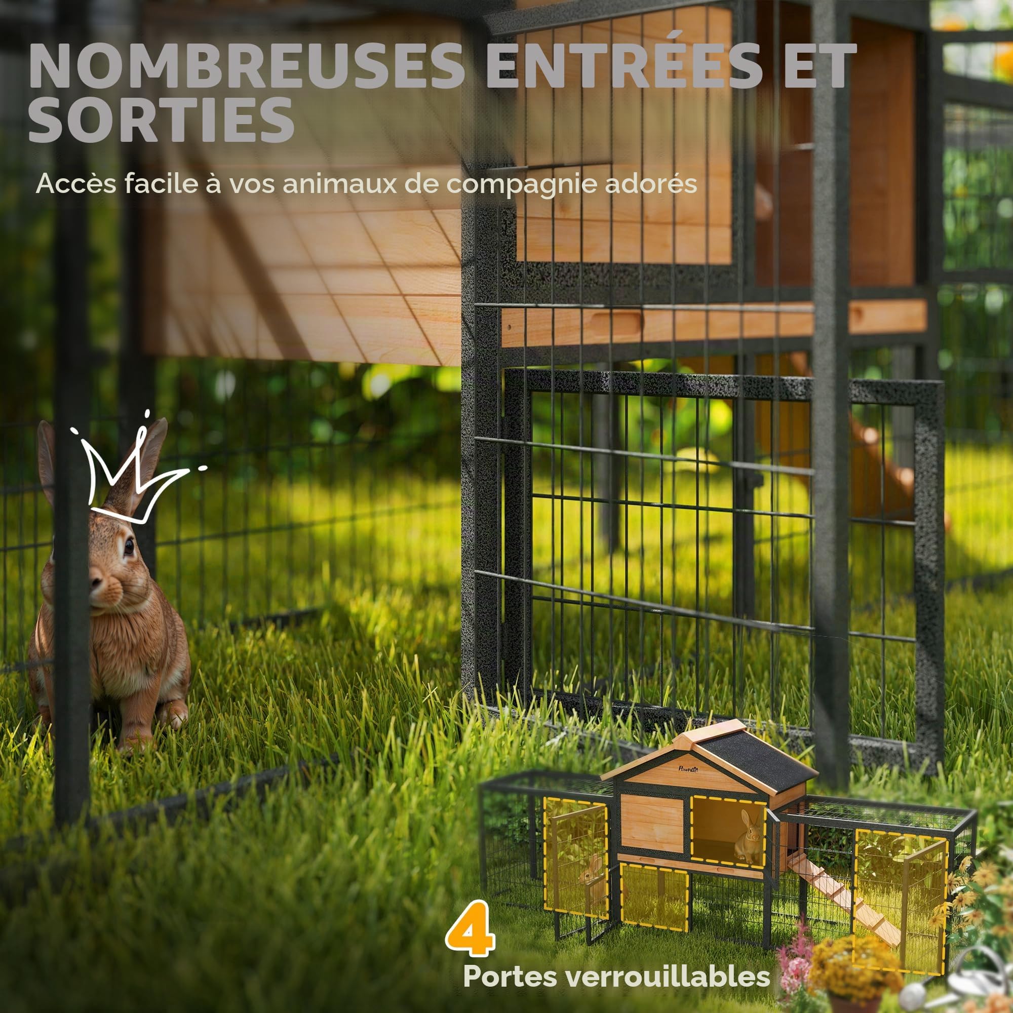 PawHut Clapier pour lapins 2 niveaux avec toit à deux pentes Clapier en bois massif résistant à l'hiver Maison à deux niveaux avec enclos 217x53x86 cm Cage à lapins extérieure Clapier pour petits