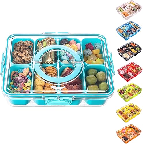Miniatura 10 de Bandeja dividida para servir con tapa y asa - Snackle Box Contenedor de charcutería para bandejas de aperitivos portátiles, organizador para dulces