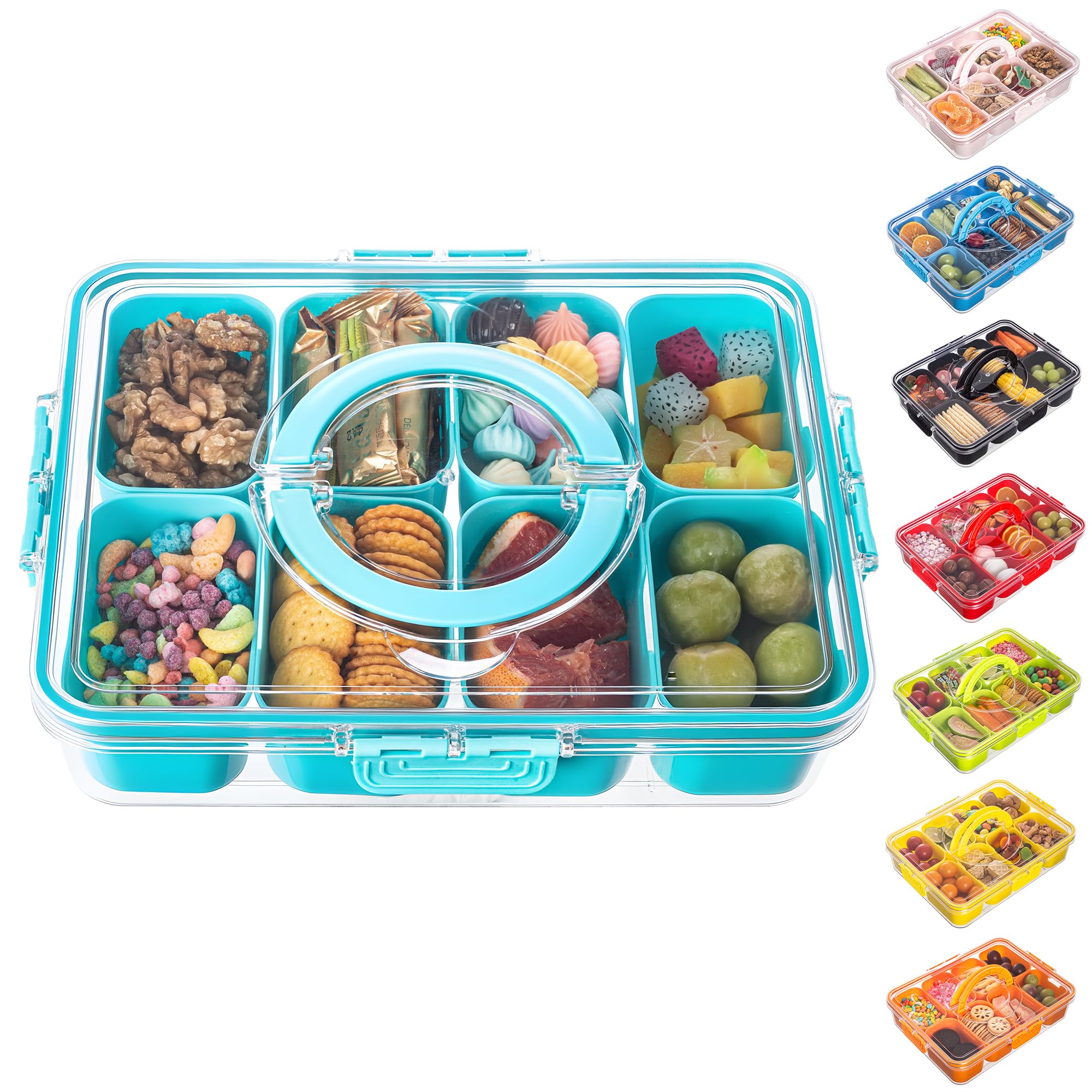 Photo 1 of ***MISSING LID*** Divided Serving Tray with Lid and Handle - Snackle Box Charcuterie Container for Portable Snack Platters Organizer for Candy, Fruits, Nuts, Snacks - Perfect for Party, Entertaining, Lake blue