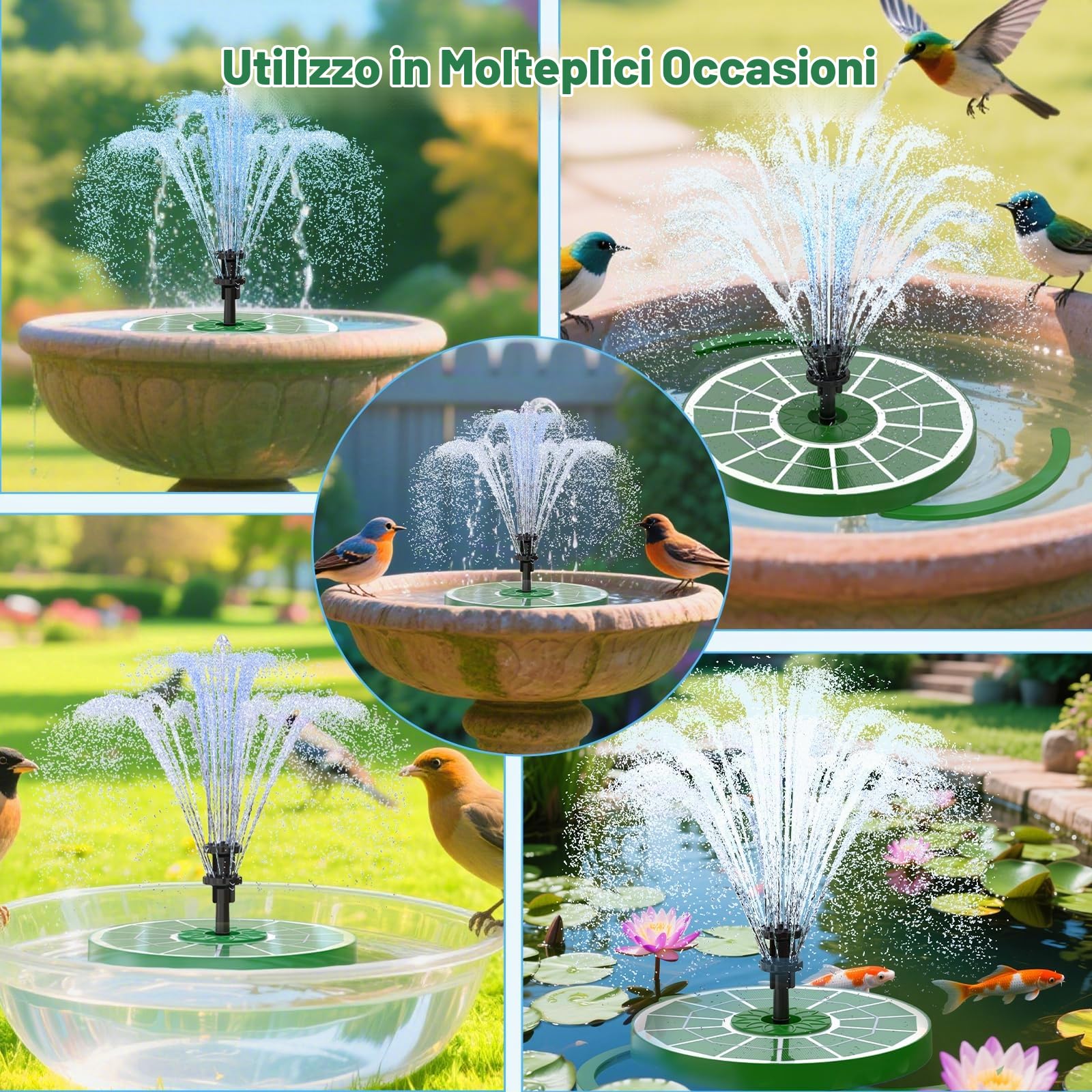 AISITIN Fontana Solare per Esterni Migliorata, 3,5W Pompa Solare Galleggiante per Fontana con Diversi Effetti di Spruzzo, Fontana Solare per Esterni con Vetro Verde Scuro, per Giardino, Stagno