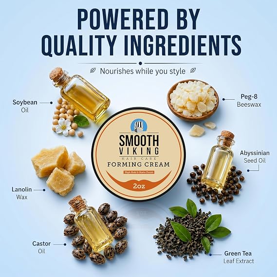 Smooth Viking Forming Cream - High Hold Styling Cream for Matte Finish, Men's Hair Products, Hair Paste for Short, Curly and Long Hair, Made in USA, 2oz
