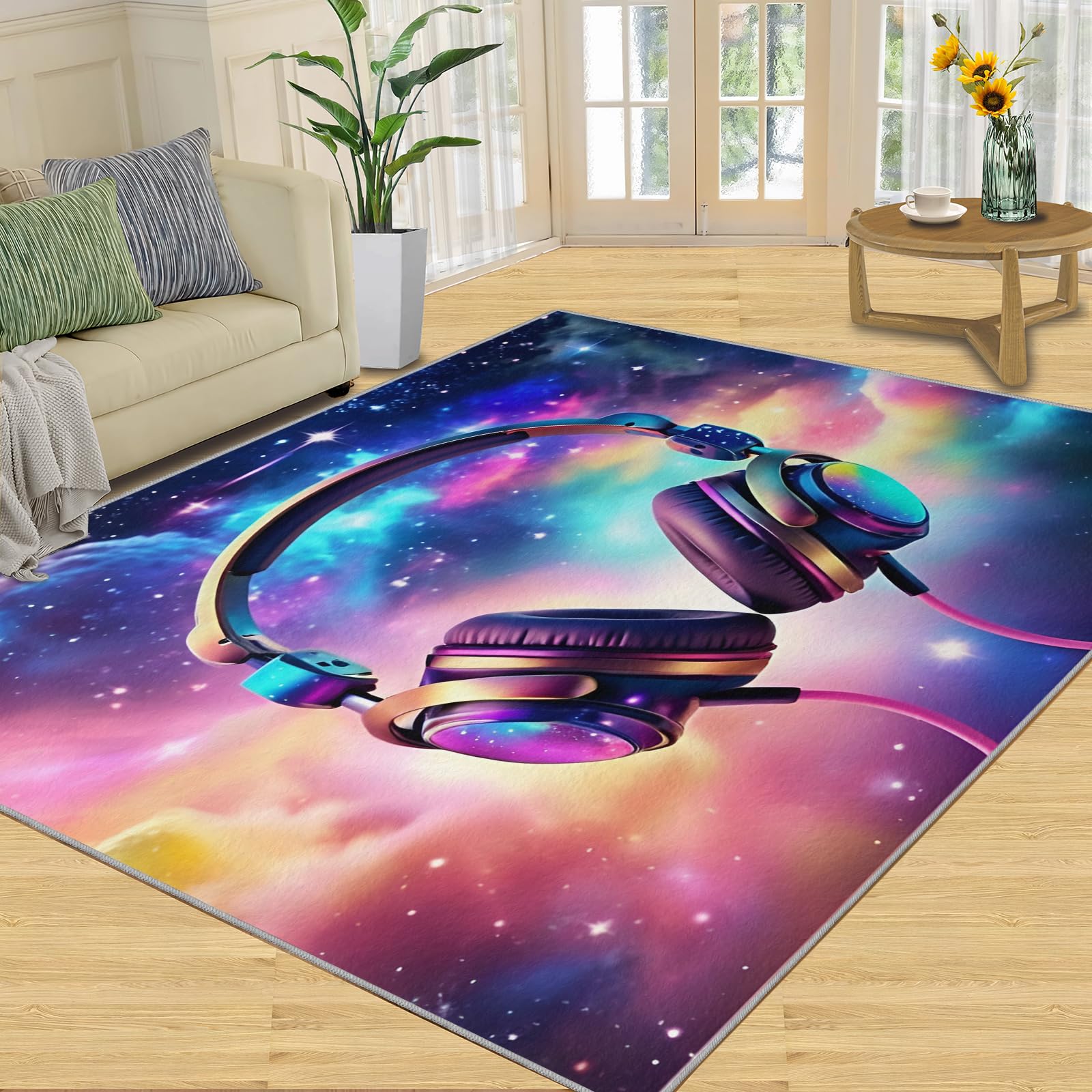 XEODIAT Galaxy Game Music Headphone Area Rug Colorful Headphones Art Non Slip Cushioned, Easy Clean Floor Carpet for Entrance Bedroom Bathroom Kitchen 160 x 230 cm