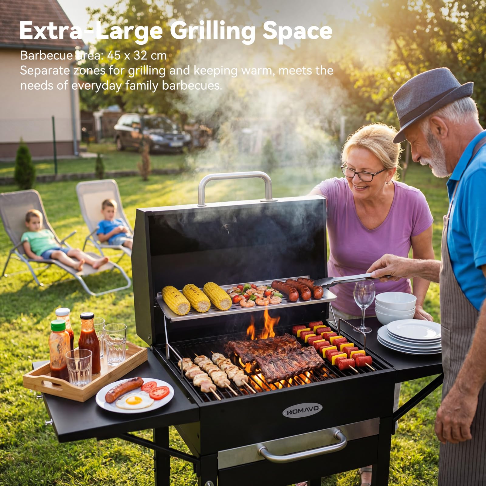 Barbecue a carbone con coperchio e copertura, Grill 2 in 1 compatto per balcone, Termometro integrato, Griglia mantenimento, Protezione esterno e facile da riporre