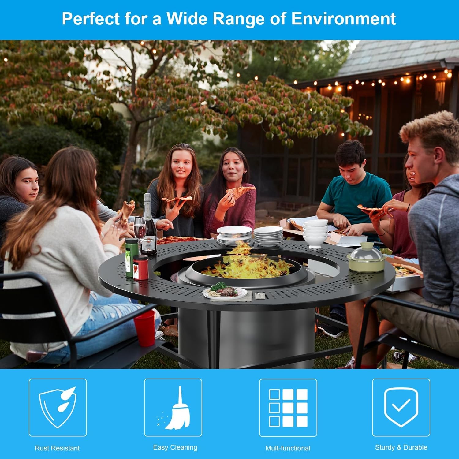 LS'BABQ 40" Fire Pit Surround Tabletop with Waterproof Cover for Solo Stove Bonfire & Ranger, Round Outdoor Fire Pit Table for Most Wood-Burning Stoves Under 22" Dia for Camping, Powder-Coated Steel