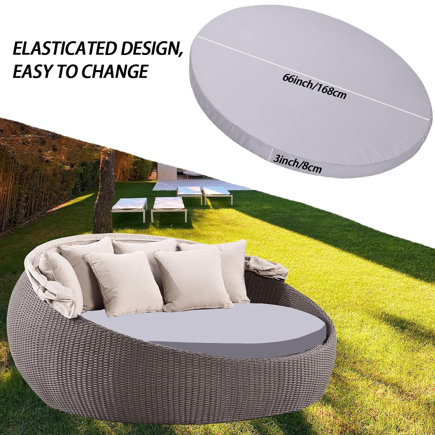 Outdoor Round Daybed Cushion Cover 66 Inch Elastic Band