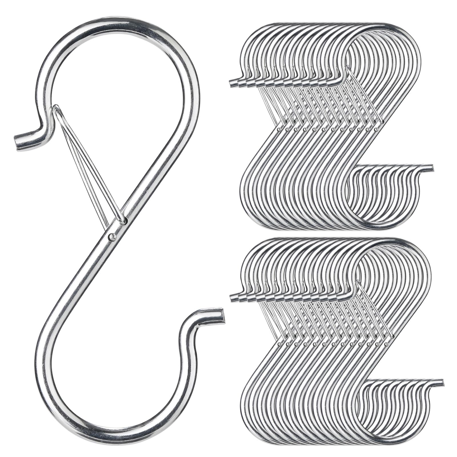 48 PCS S Hooks for Hanging with Safety Buckle, 3.5 inch Heavy Duty Metal S Shaped Hooks Stainless Steel for Hanging Kitchen Utensil, Cups, Pots, Plants, Bags, Hats (Silver)